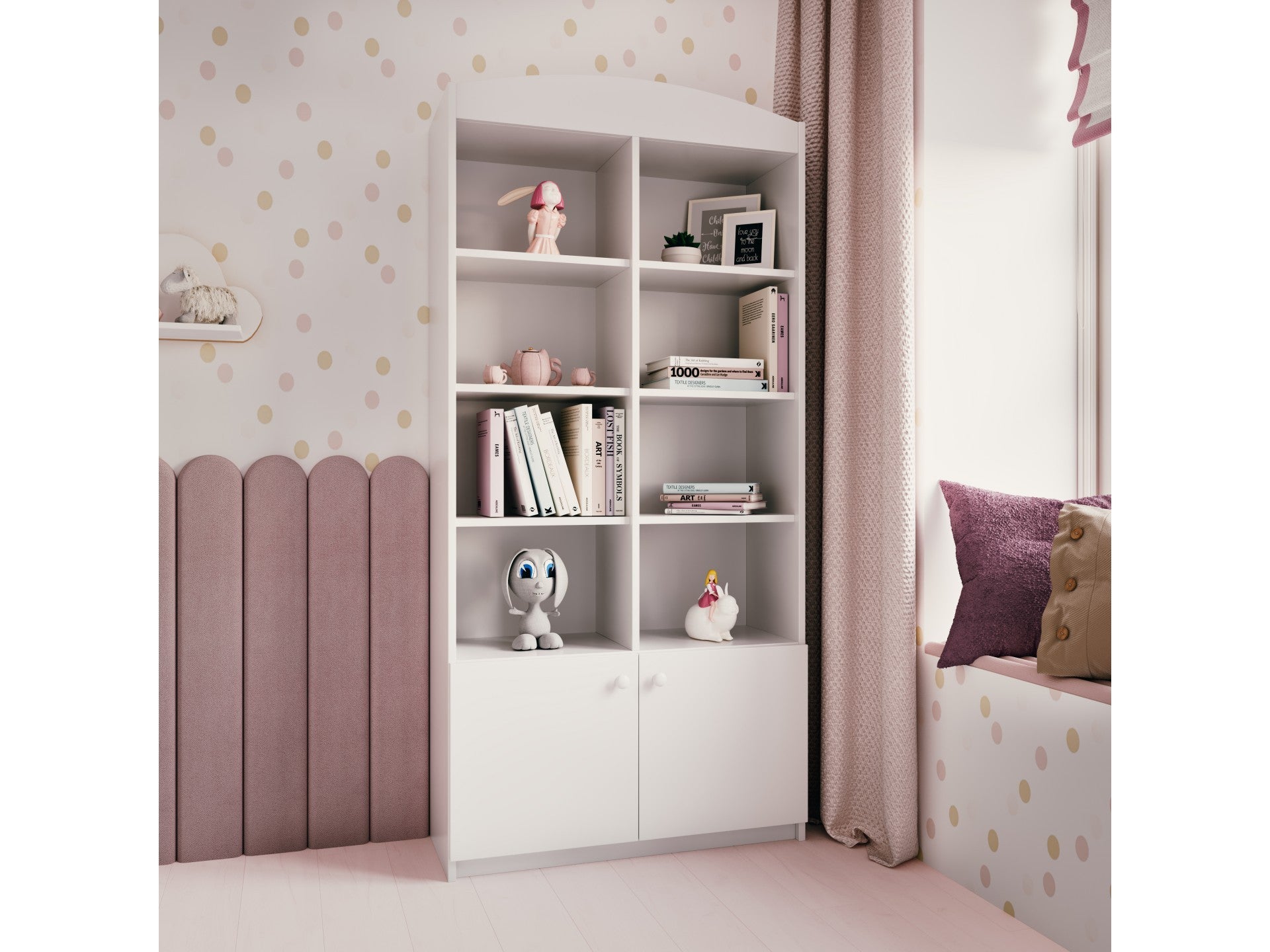 softly lit double kids shelf in a cozy nursery with plush toys on the open shelves