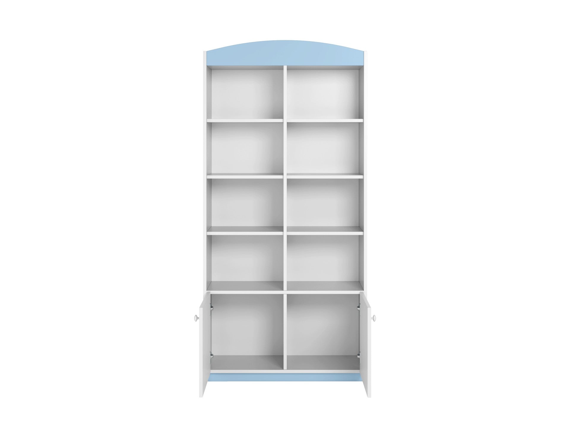 functional kids double shelf with open and closed storage in a bright, organized playroom