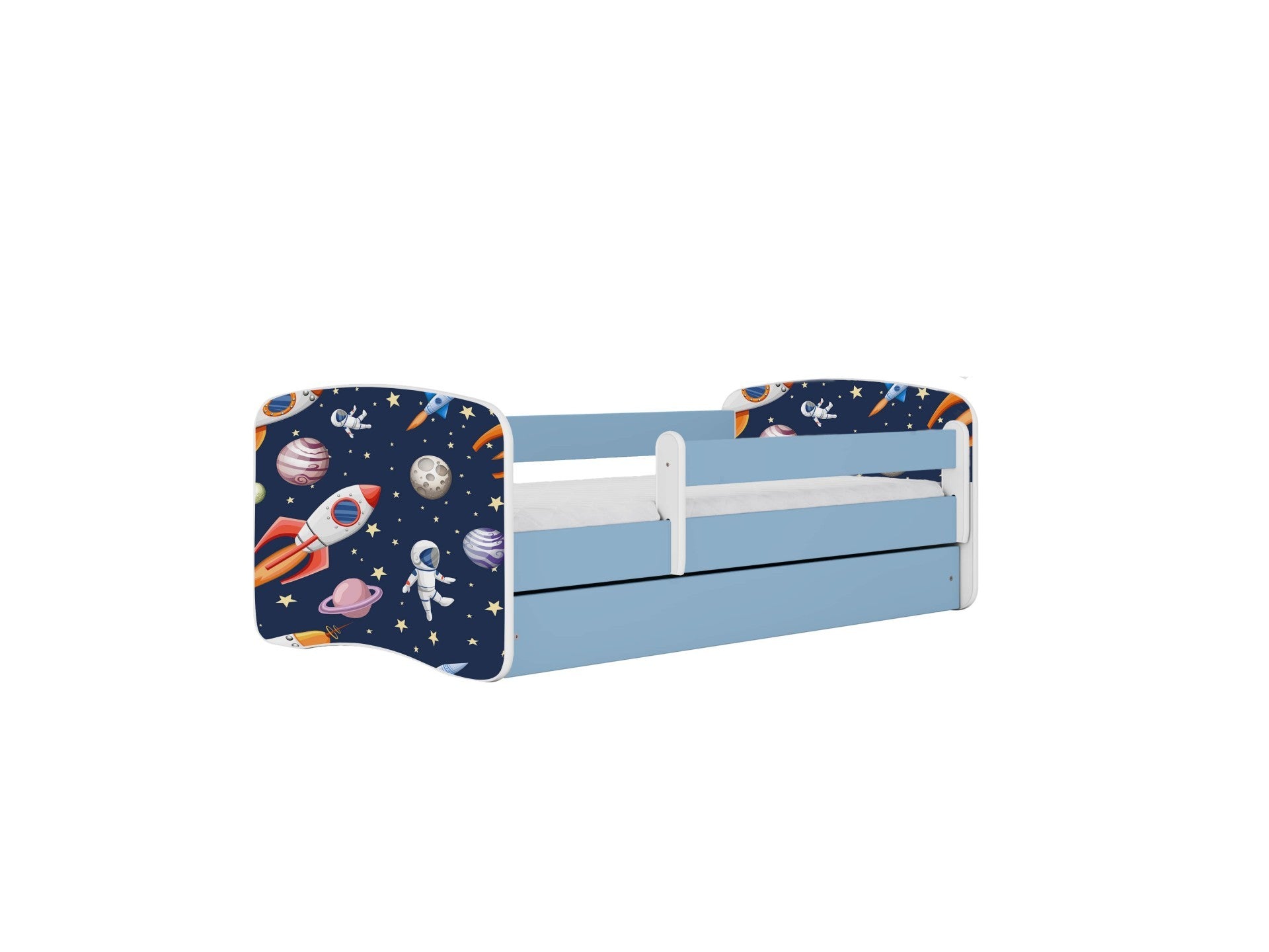 babydreams cosmos kids bed with functional storage drawer and safety guardrail