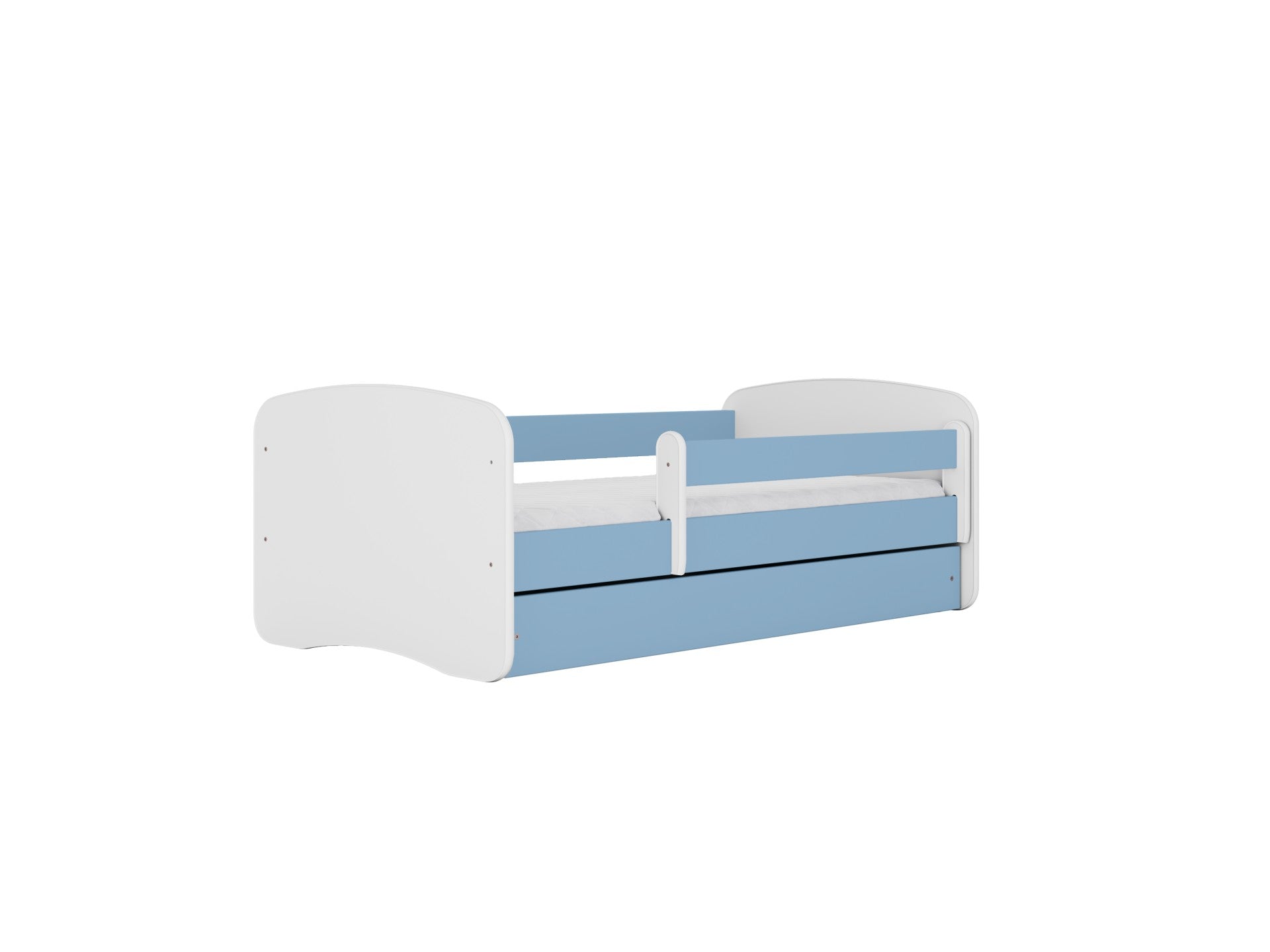 softly lit white babydreams childrens bed with a cozy guardrail and smooth rounded edges