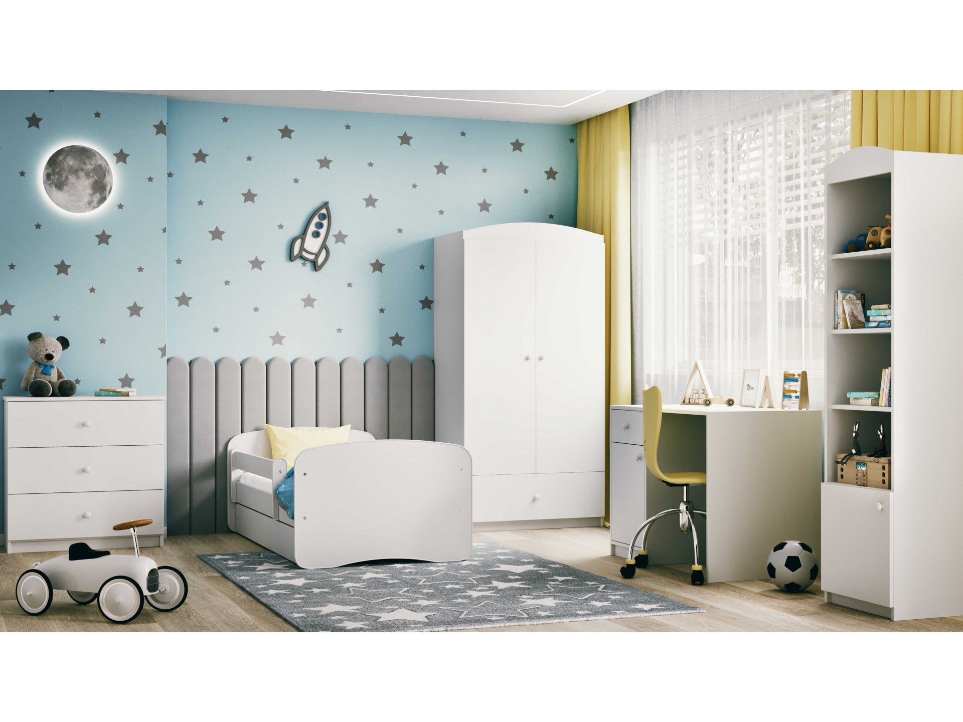 playful kids bed with drawer open revealing toy storage in a sunlit room