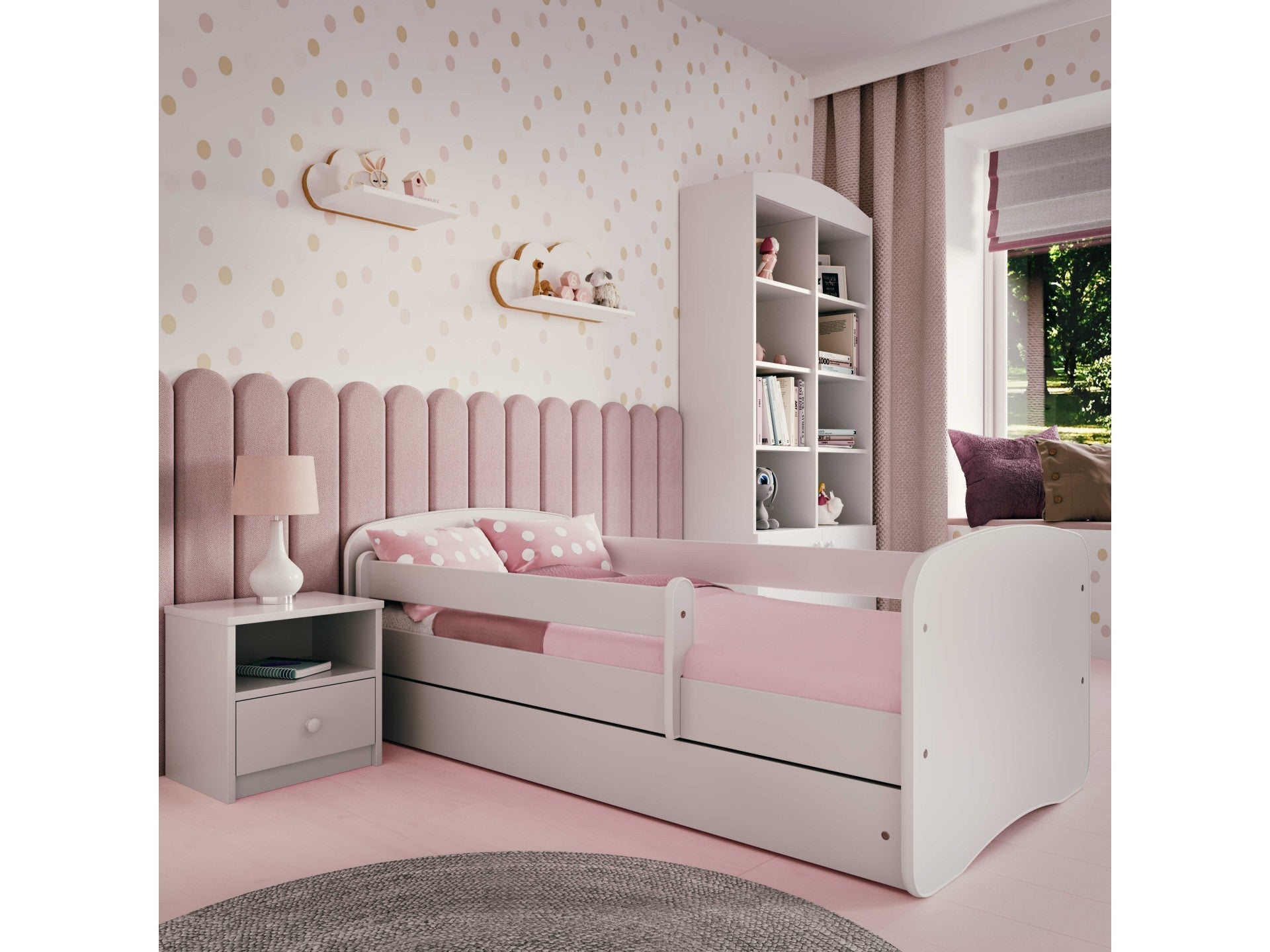 babydreams childrens bed with birch slat frame and underbed drawer in a cozy bedroom setting