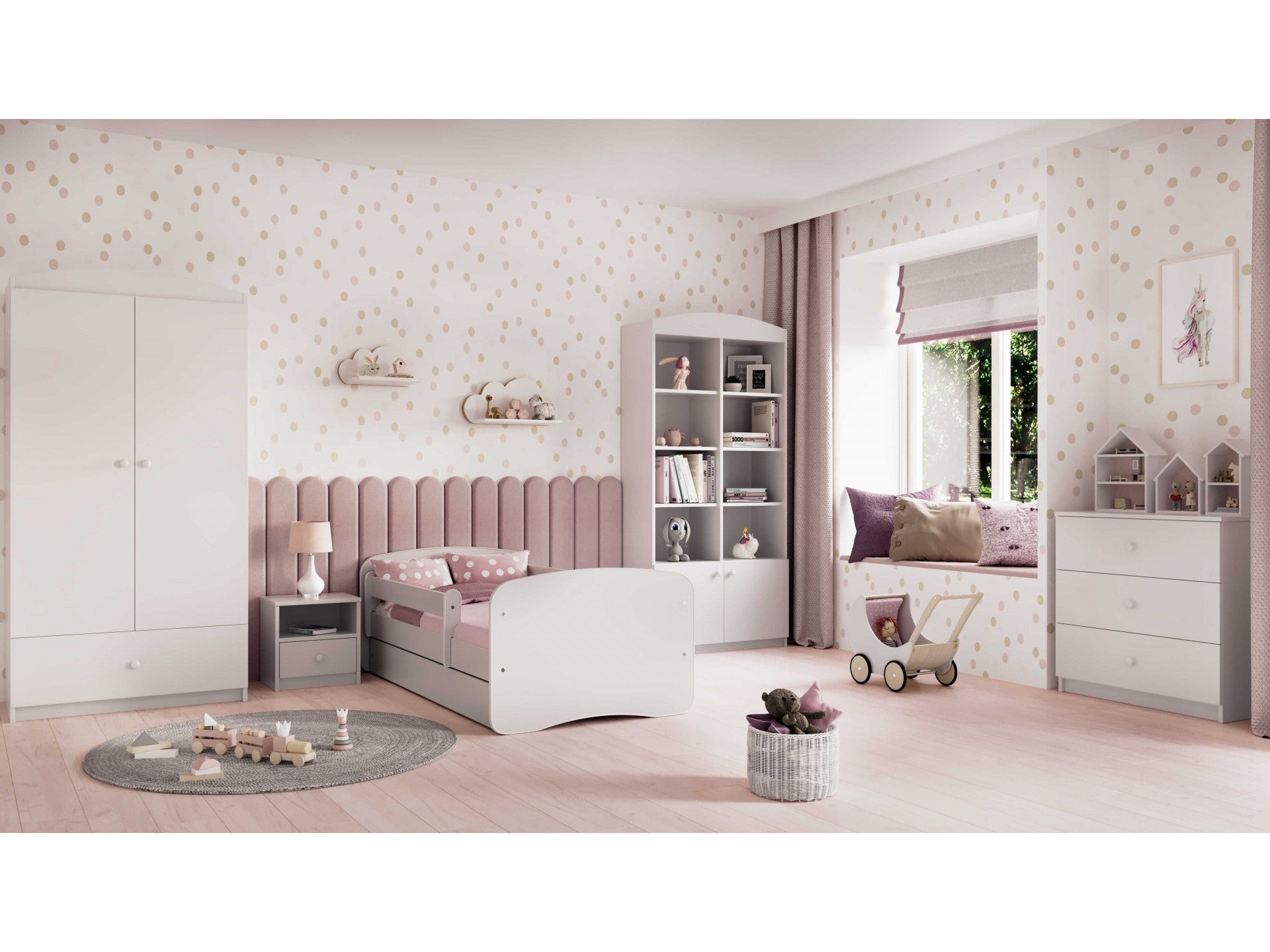 babydreams children's bed with birch slat frame and two-drawer storage in a cozy bedroom