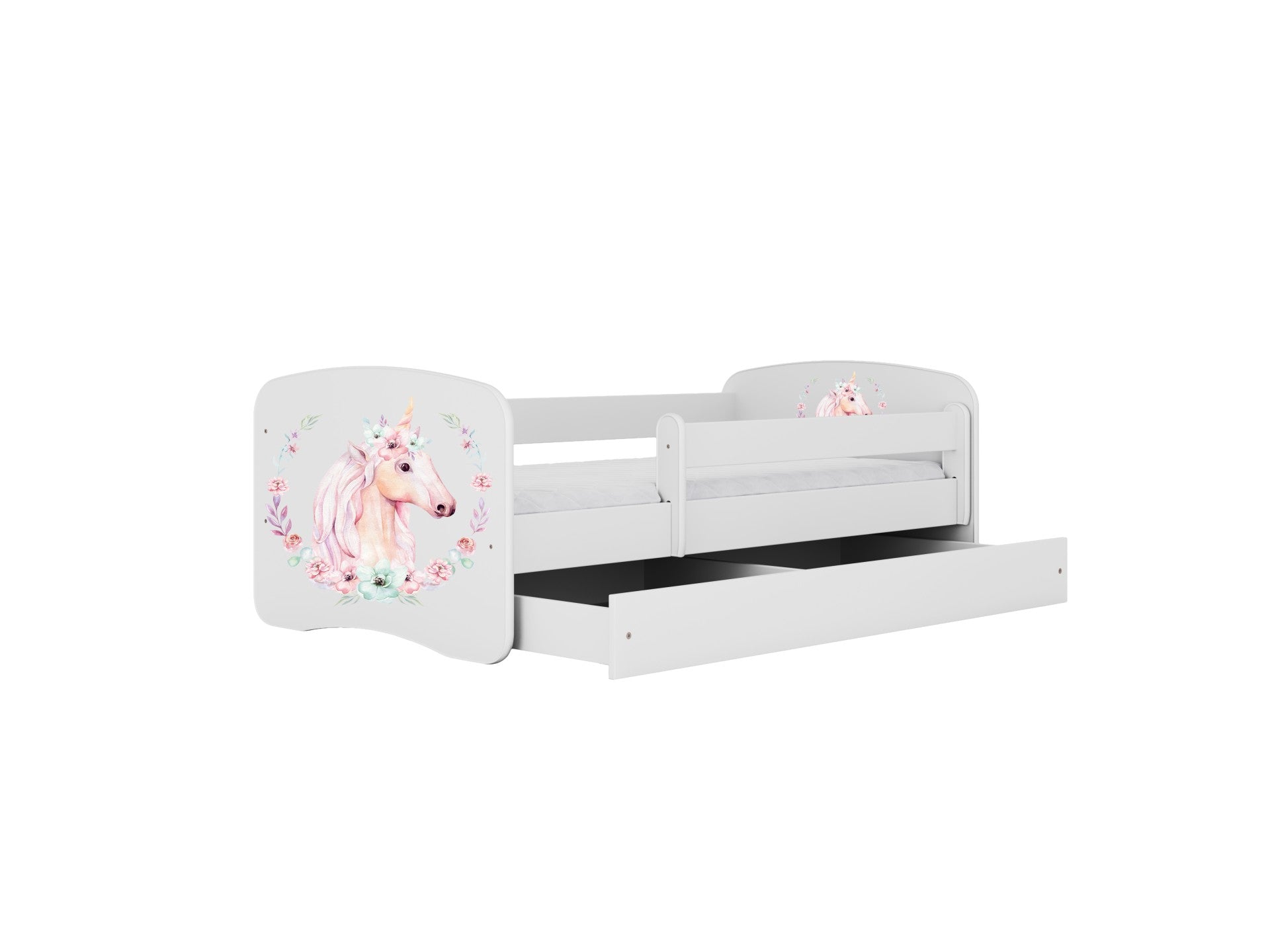 a playful close-up of the dreamy unicorn bed's pink horn and mane, glowing in warm, fun bedroom light