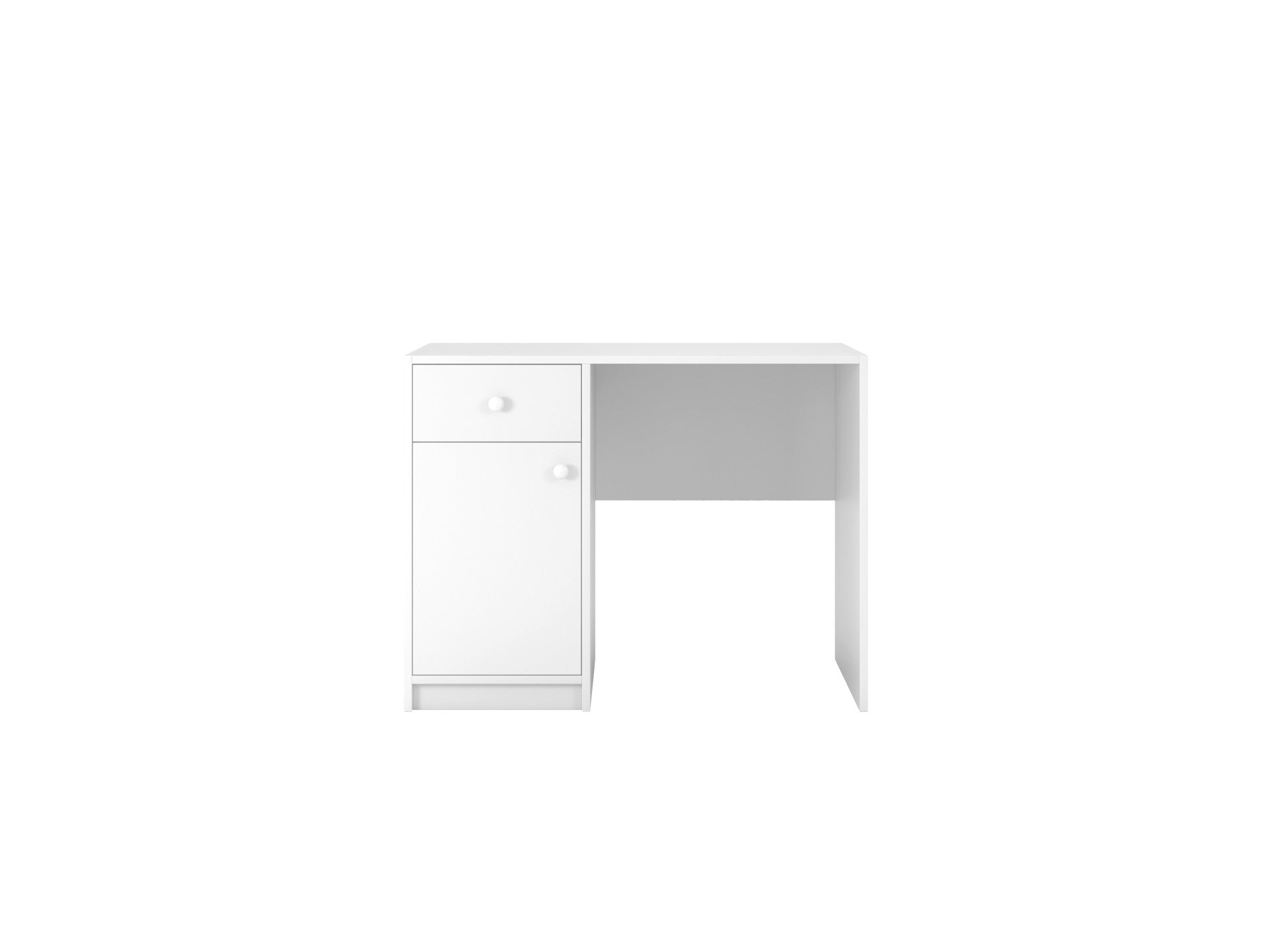 functional white kids desk with open storage cabinet and drawer for organizing supplies