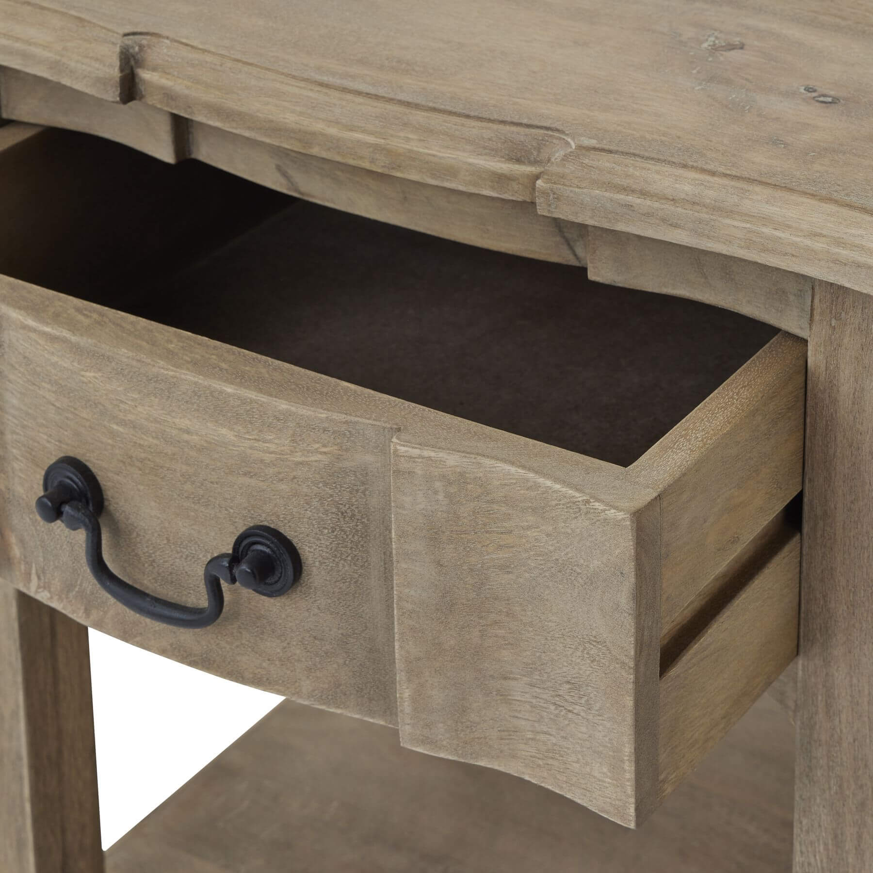 Handcrafted French provincial side table with hardwood construction, bleached wood finish, and black iron handles. by RoomLondon at brixbailey.com