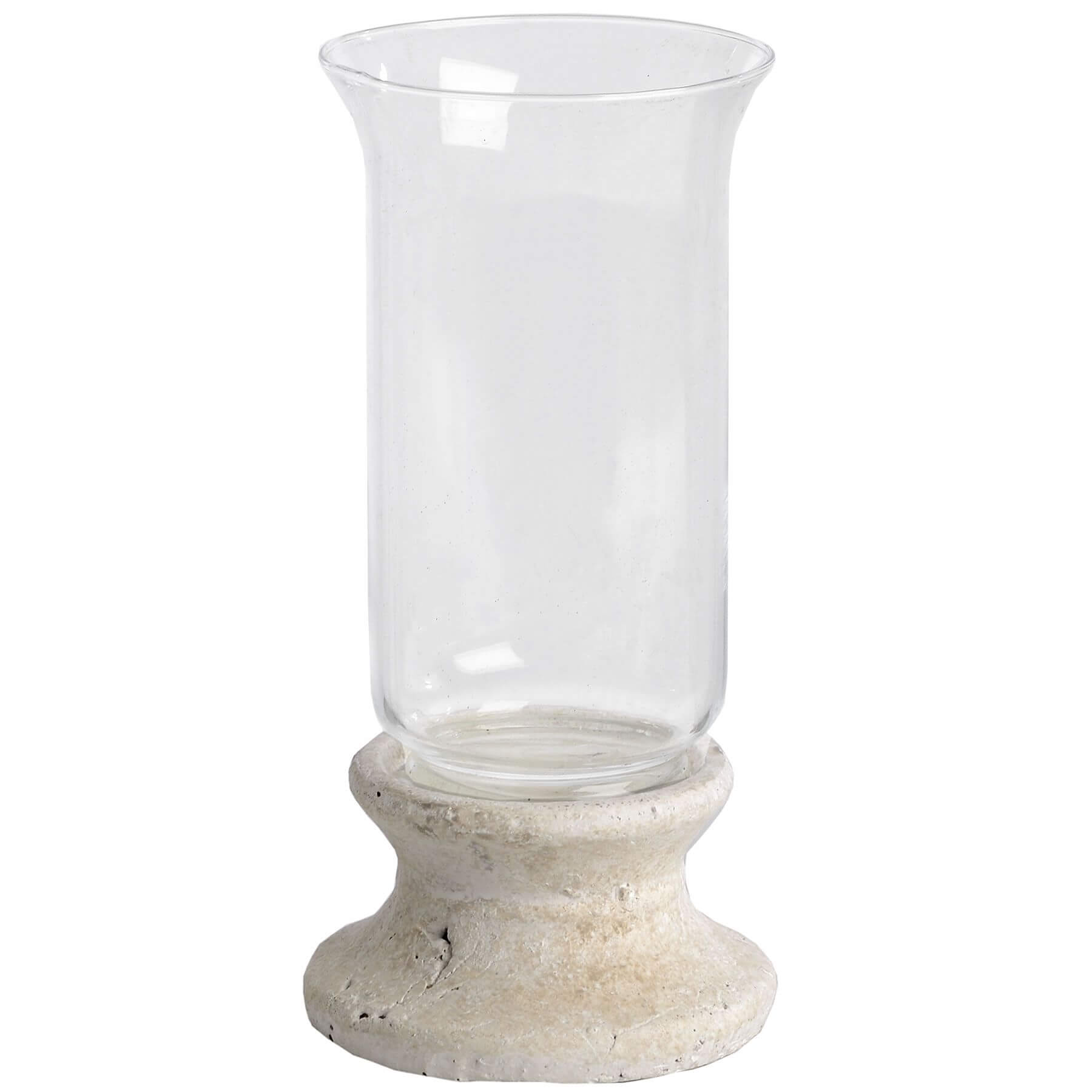 Handcrafted cream hurricane lantern with stone-effect base and antiqued patina, casting warm LED candlelight glow. by Sostter at brixbailey.com