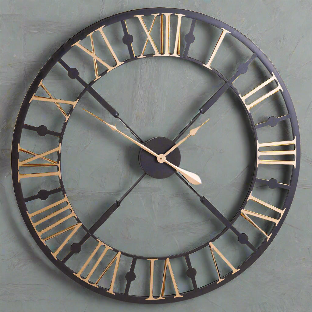 Black and gold skeleton station clock with intricate mechanical movement, 95cm contemporary metal wall decor by Sostter at brixbailey.com