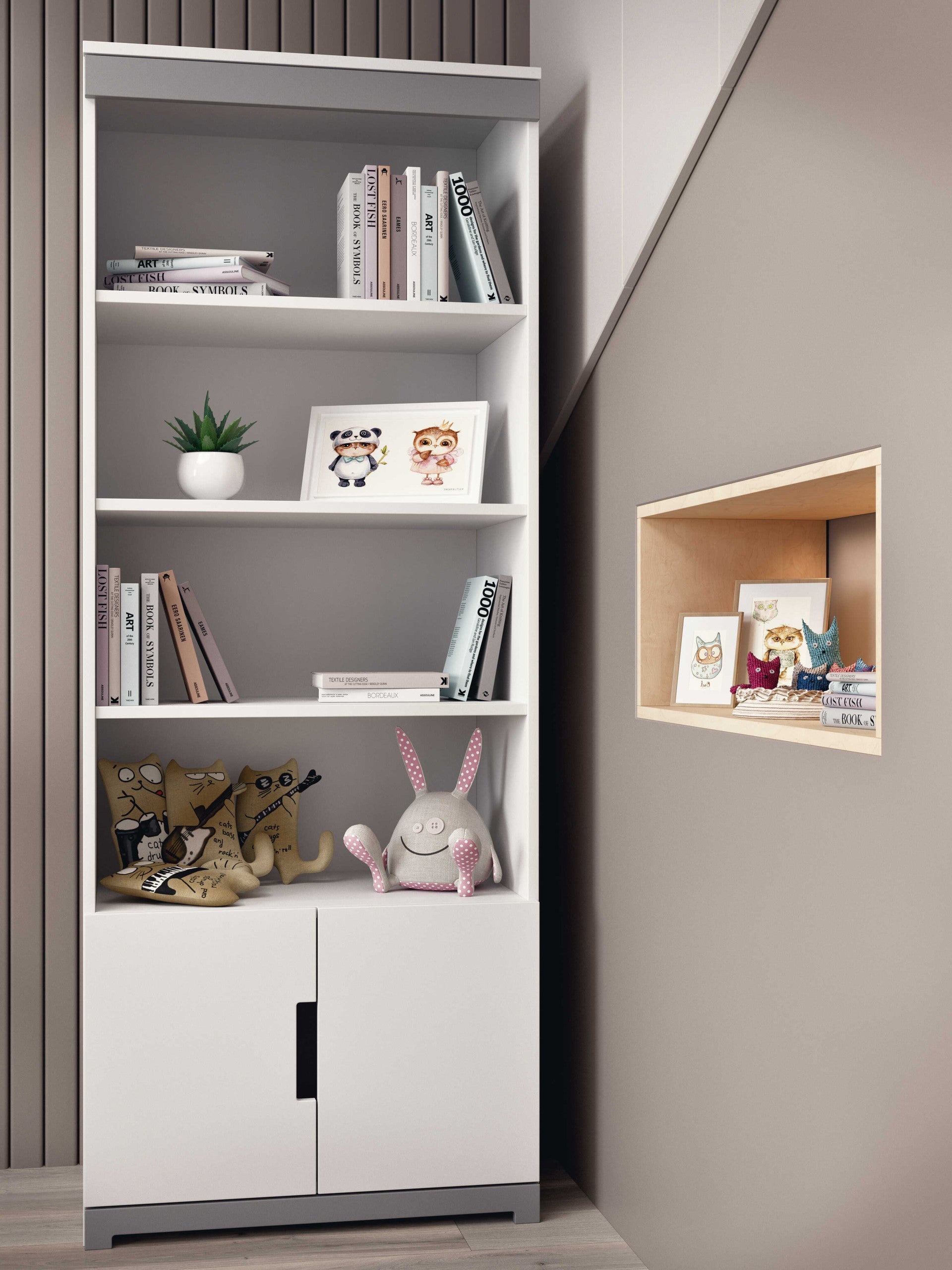 softly lit tomi kids bookshelf with a cozy toy peeking from its closed storage shelf