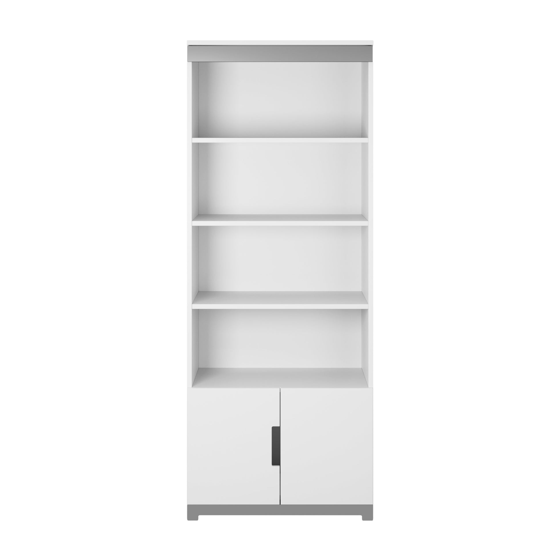 tomi kids bookshelf with door open showing soft-close hinge and ergonomic cutout