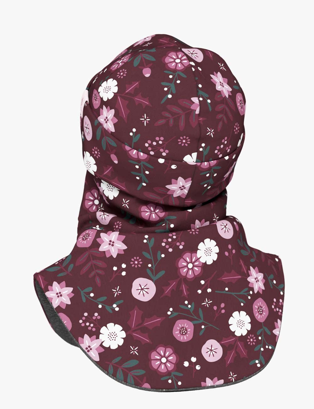 bold kids merino balaclava with winter flowers on a stark background