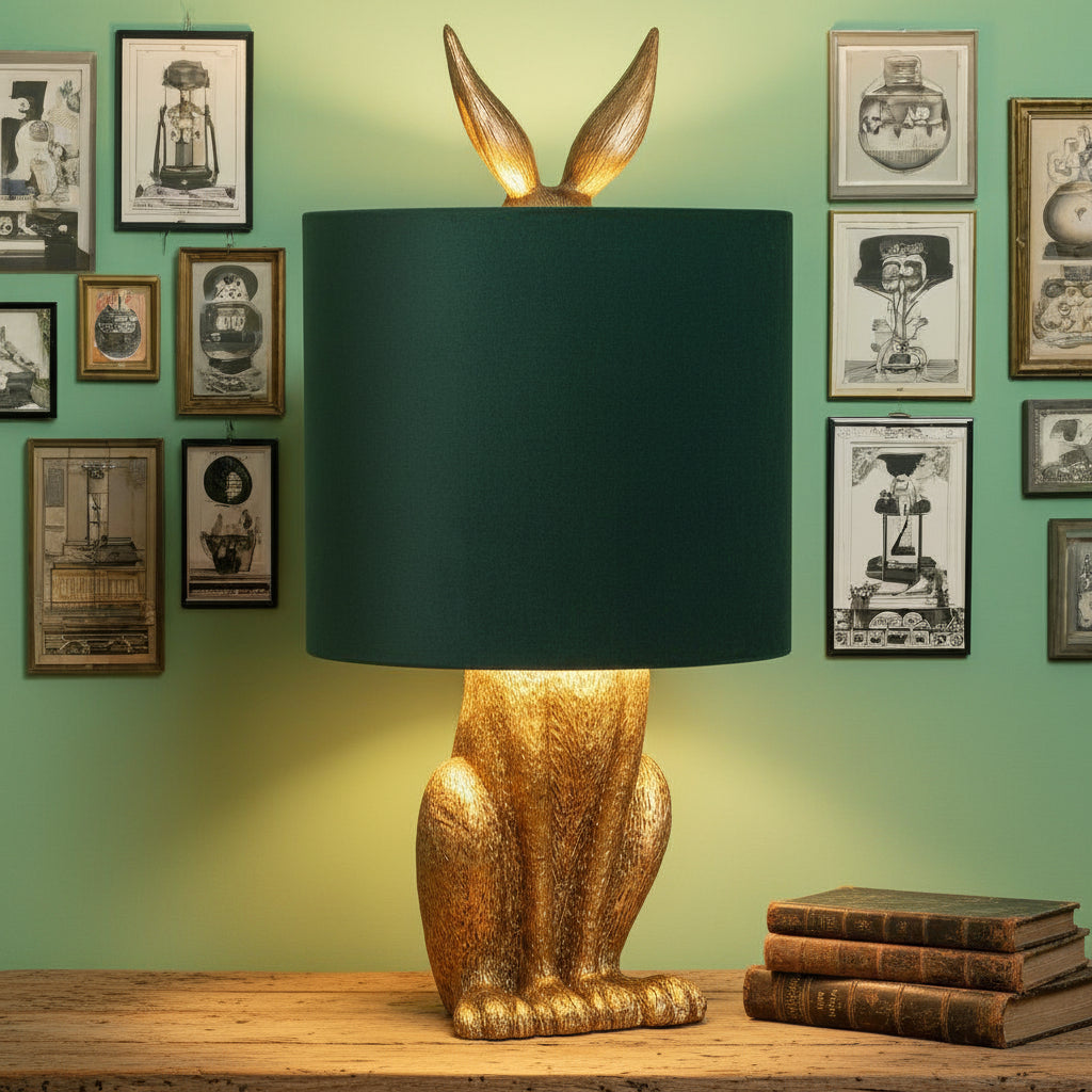 Antique gold hare table lamp with green velvet shade, handcrafted resin sculpture, elegant home decor lighting by sostter at brixbailey.com