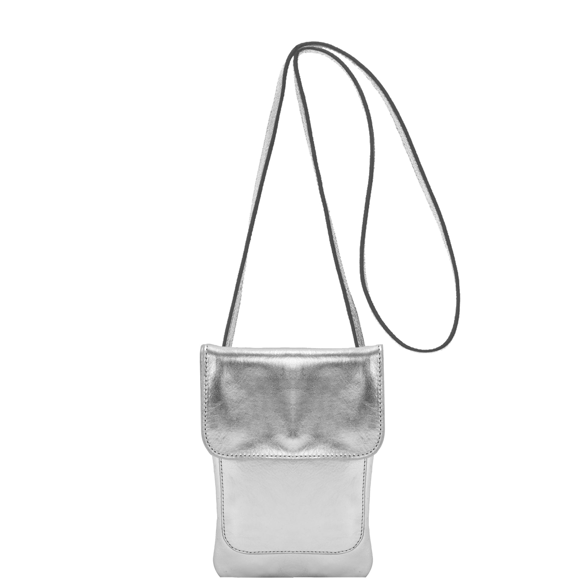 Silver Metallic Leather Crossbody Bag with Adjustable Strap