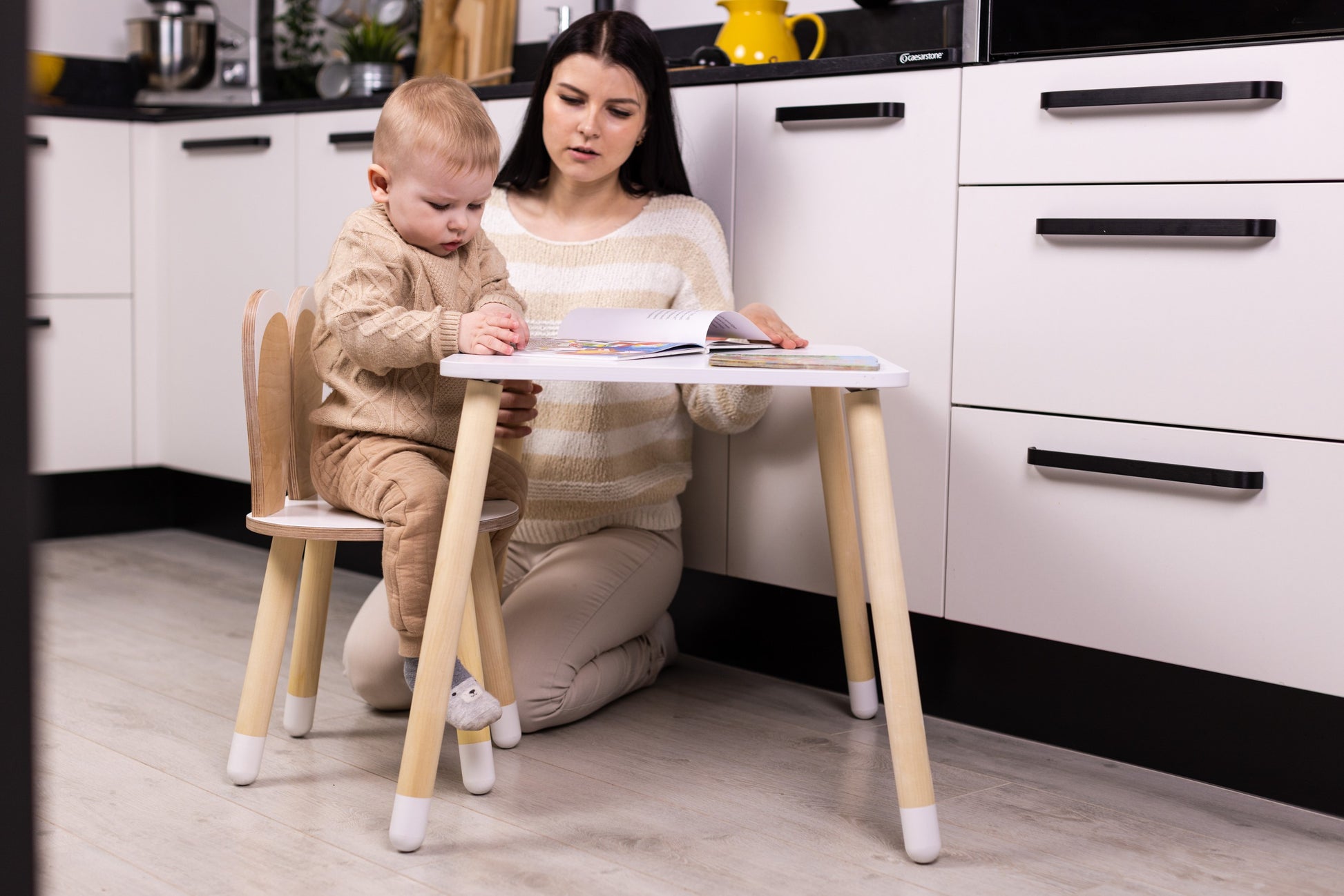 adorable birch plywood bunny kids table from a playful low angle