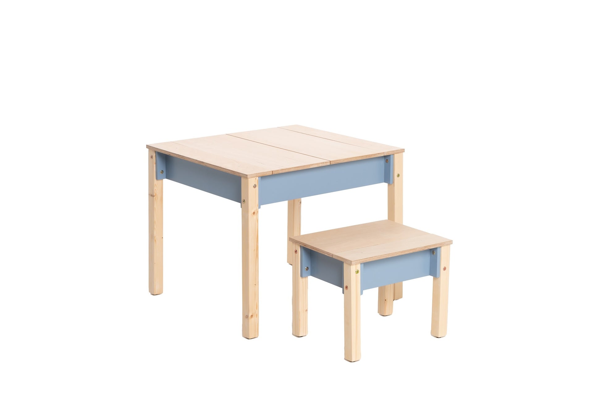 elegant birch wood kids table and chair set with storage in a refined, minimalist playroom