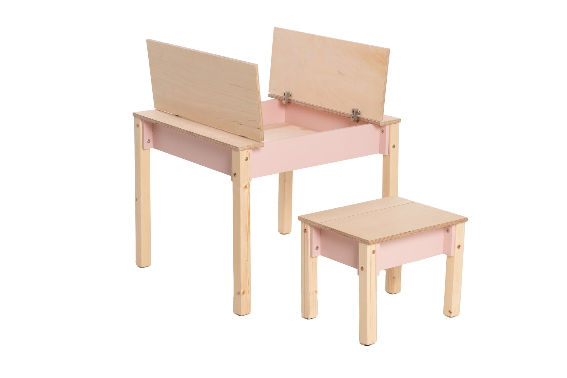 a child's smart birch plywood chair with hidden storage in a warm, sunlit playroom corner