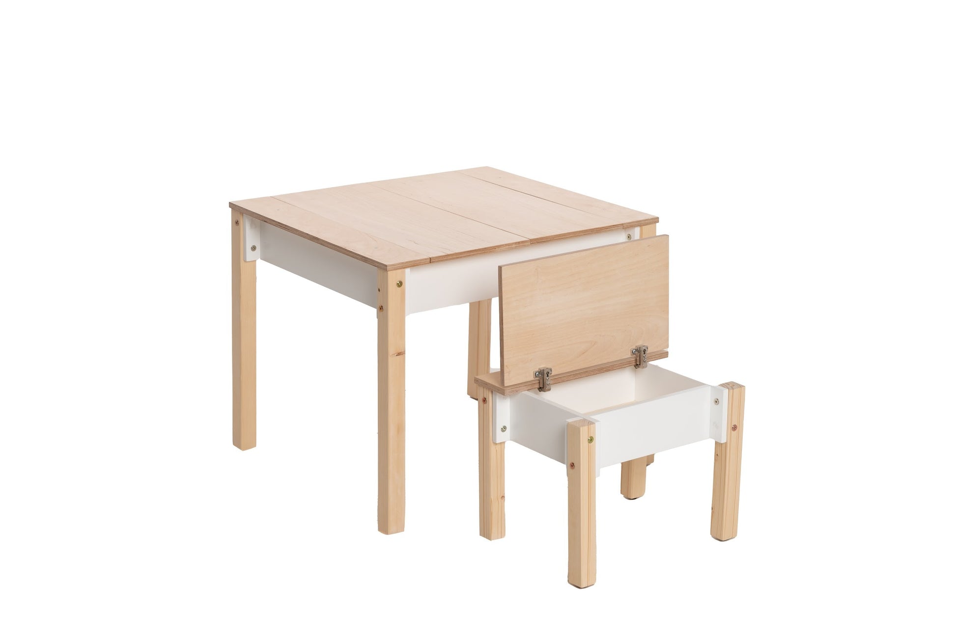 a sunlit corner with the birch wood table and chair set, showcasing its smart storage compartments for a tidy playroom