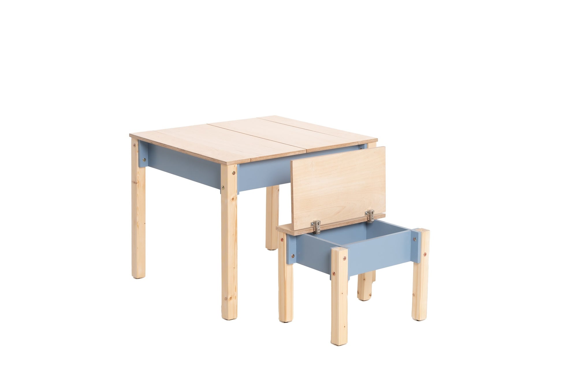a child's birch plywood table and chair set with storage, shown in a bright playroom setting