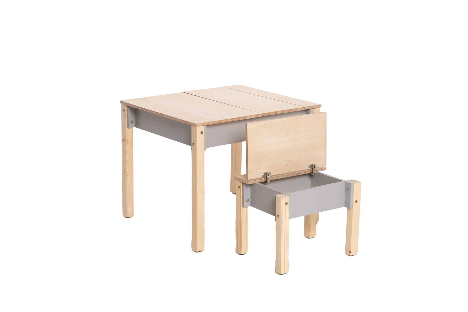 a compact birch plywood chair for kids with a hidden storage compartment open