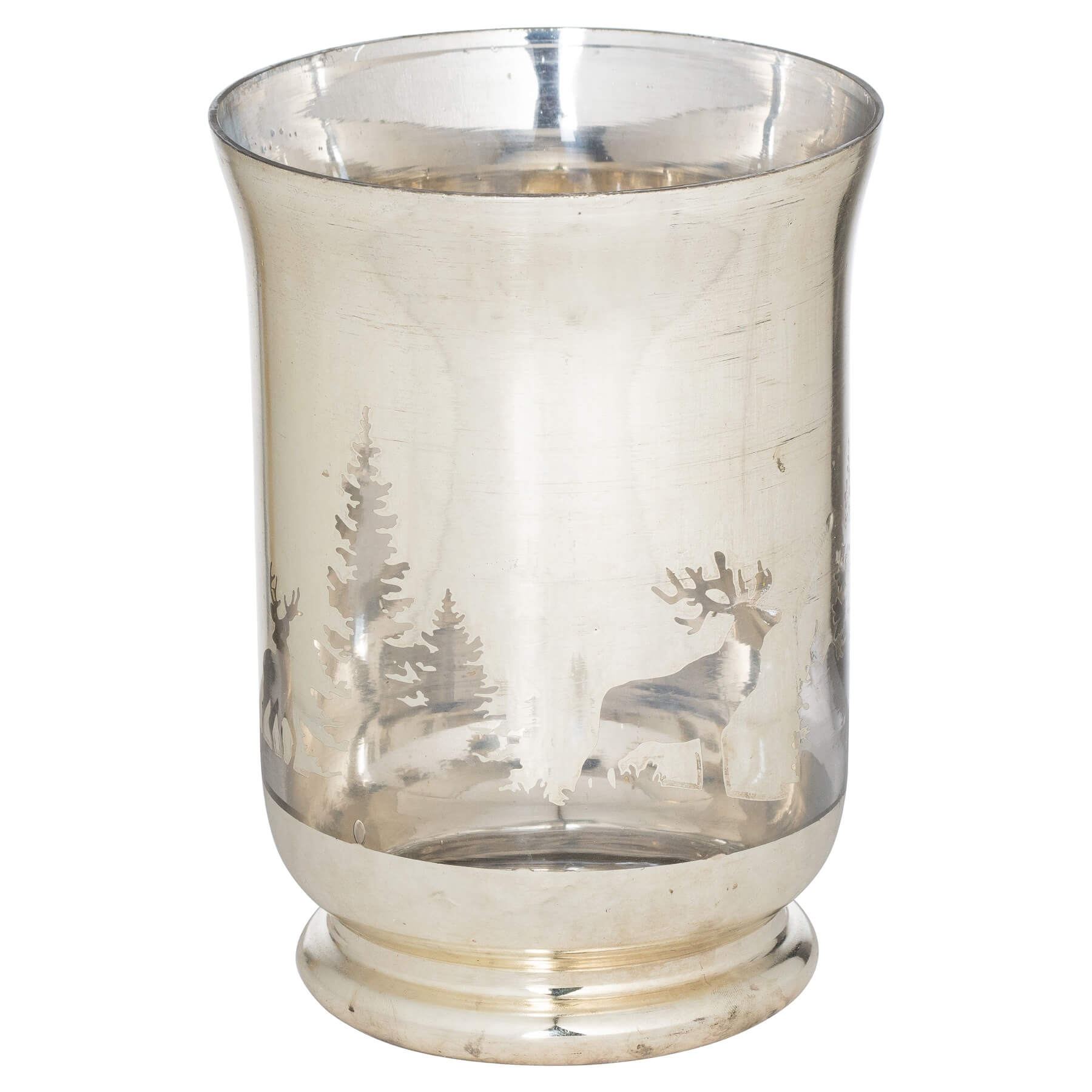 Handcrafted silver forest candle holder casting intricate tree shadows, made of premium glass with elegant silver finish. by Sostter at brixbailey.com