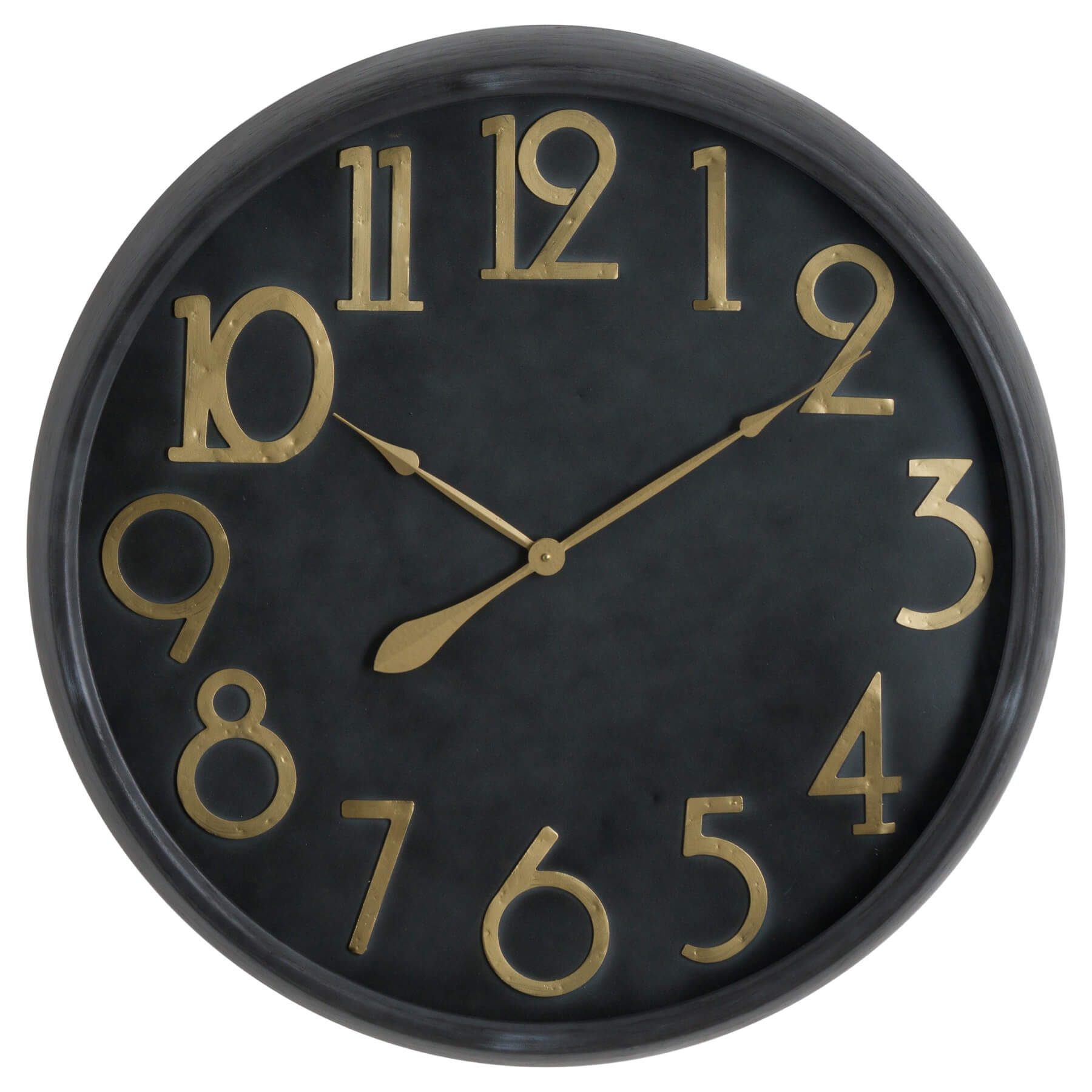 Retro-modern wall clock with brass numerals on black glass face, 80cm diameter, vintage-inspired statement piece by Sostter at brixbailey.com