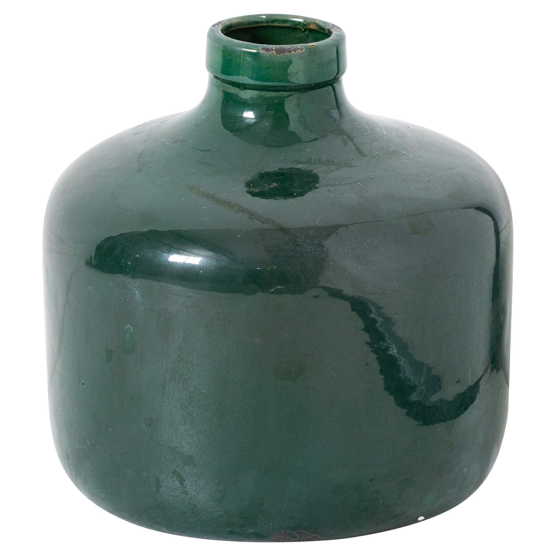 Handcrafted emerald ceramic vase with artful distressing, square silhouette, and rich green glaze for floral arrangements. by RoomLondon at brixbailey.com