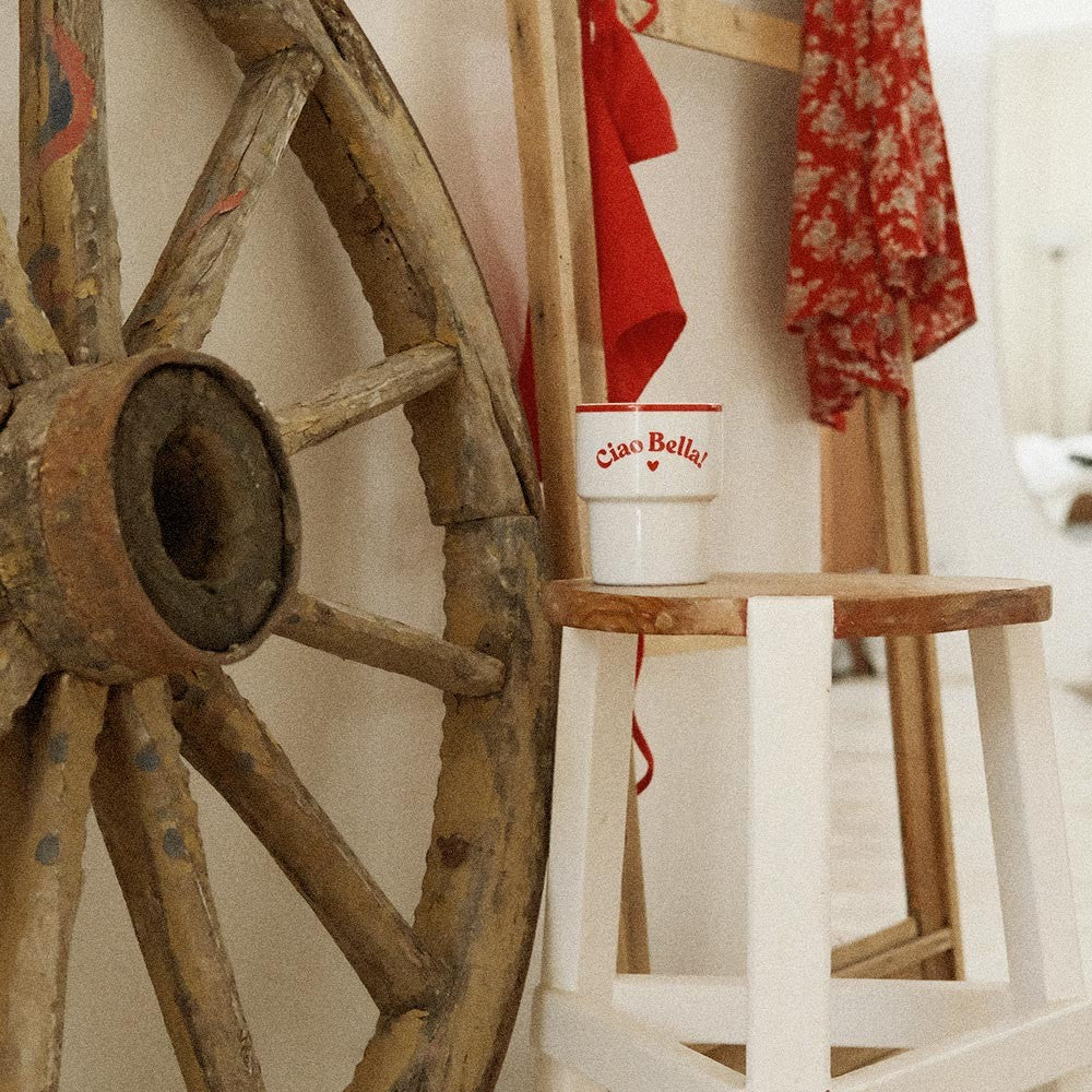 elegant ciao bella ceramic mug with sophisticated italian typography on a marble surface