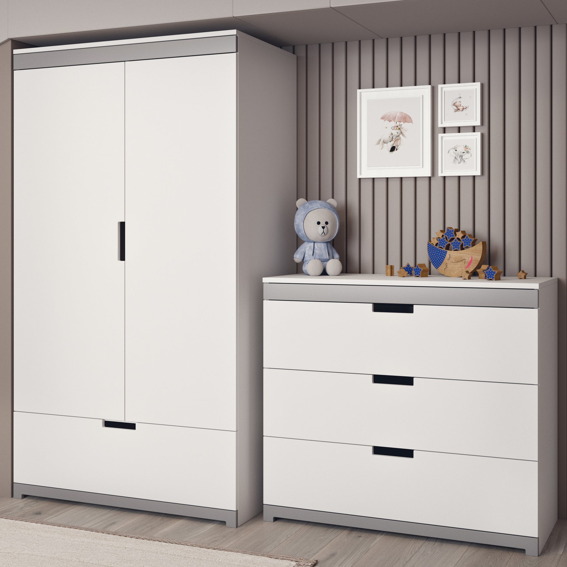 tomi 3-drawer chest open to show full-extension ball bearing slides and ergonomic cutouts