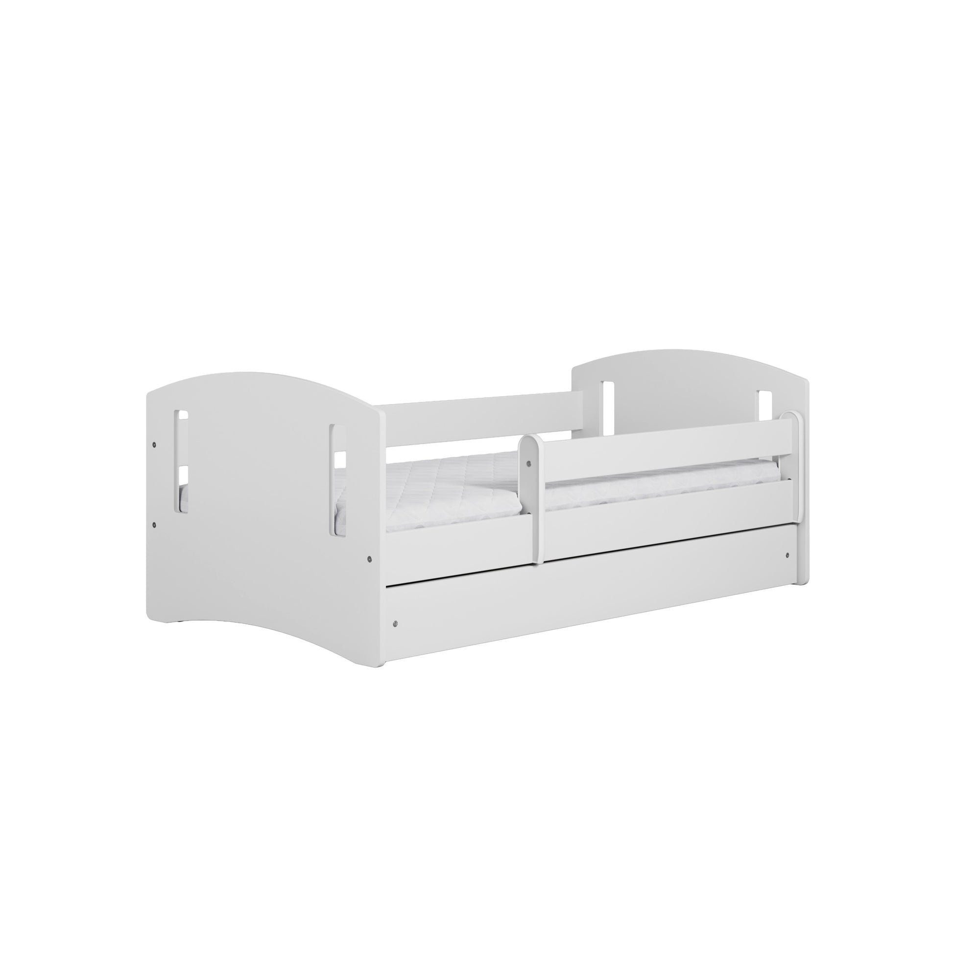 close-up detail of the white classic children's bed sturdy birch slat frame and optional storage drawer