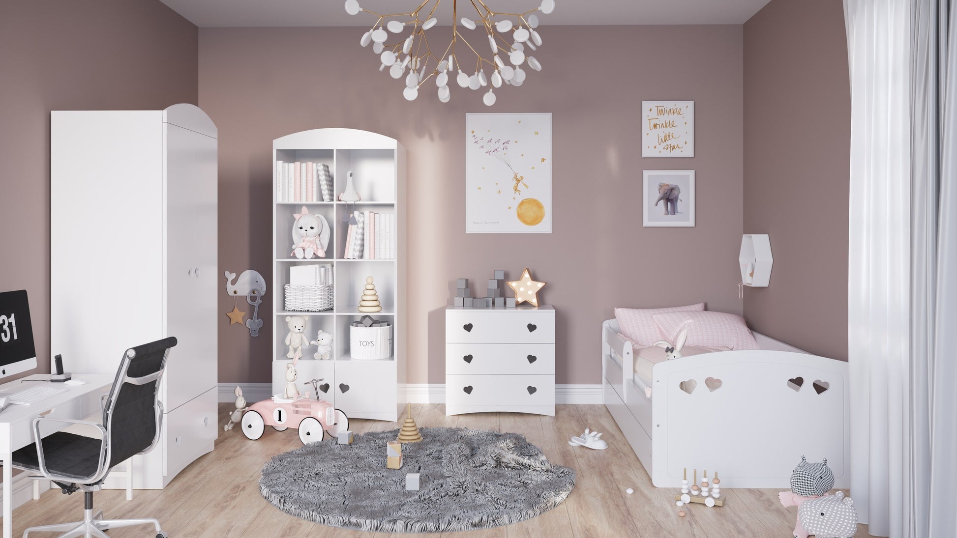 playful white julia kids bed with heart cutouts in a sunny, toy-filled room