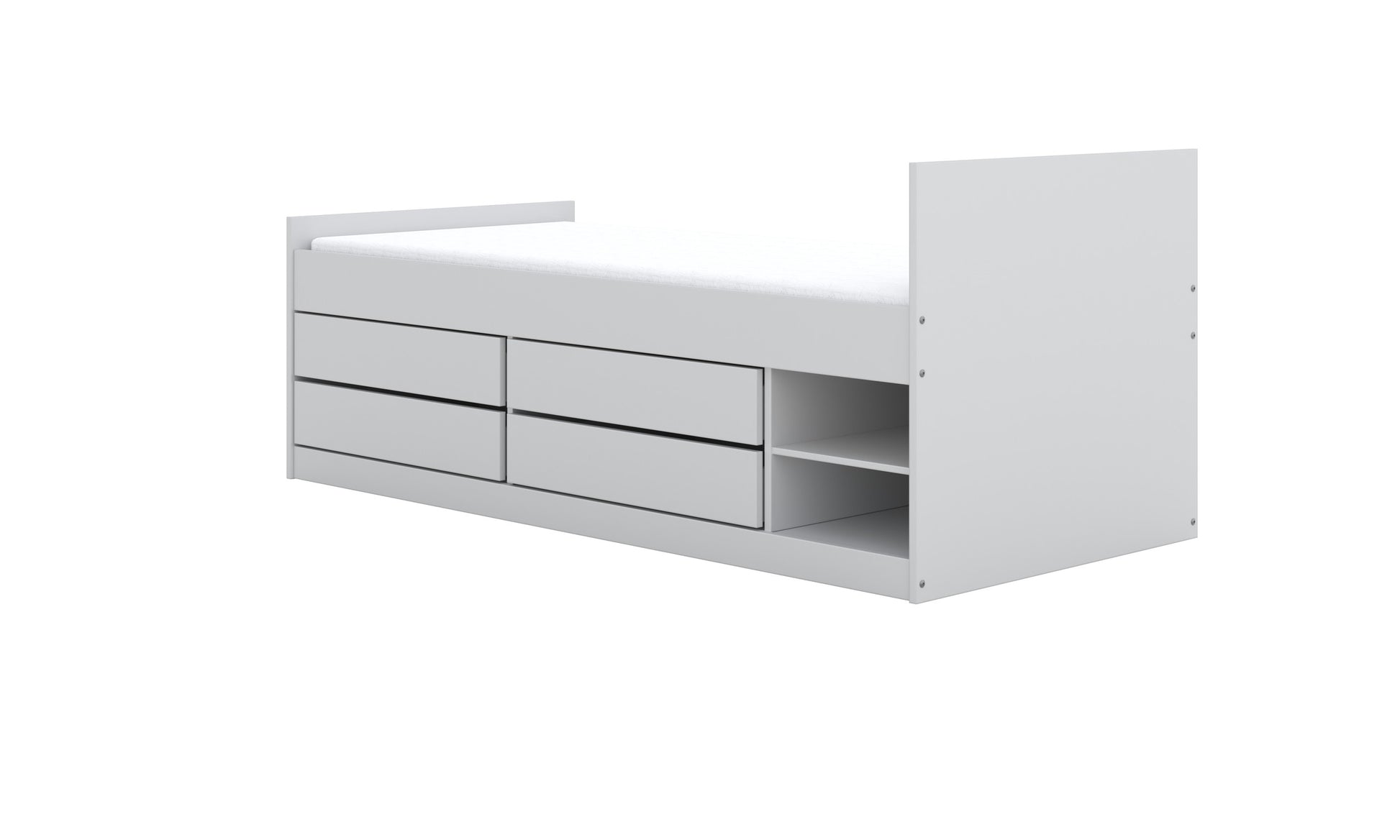 softly lit white leon childrens bed with open shelves showcasing favorite bedtime stories