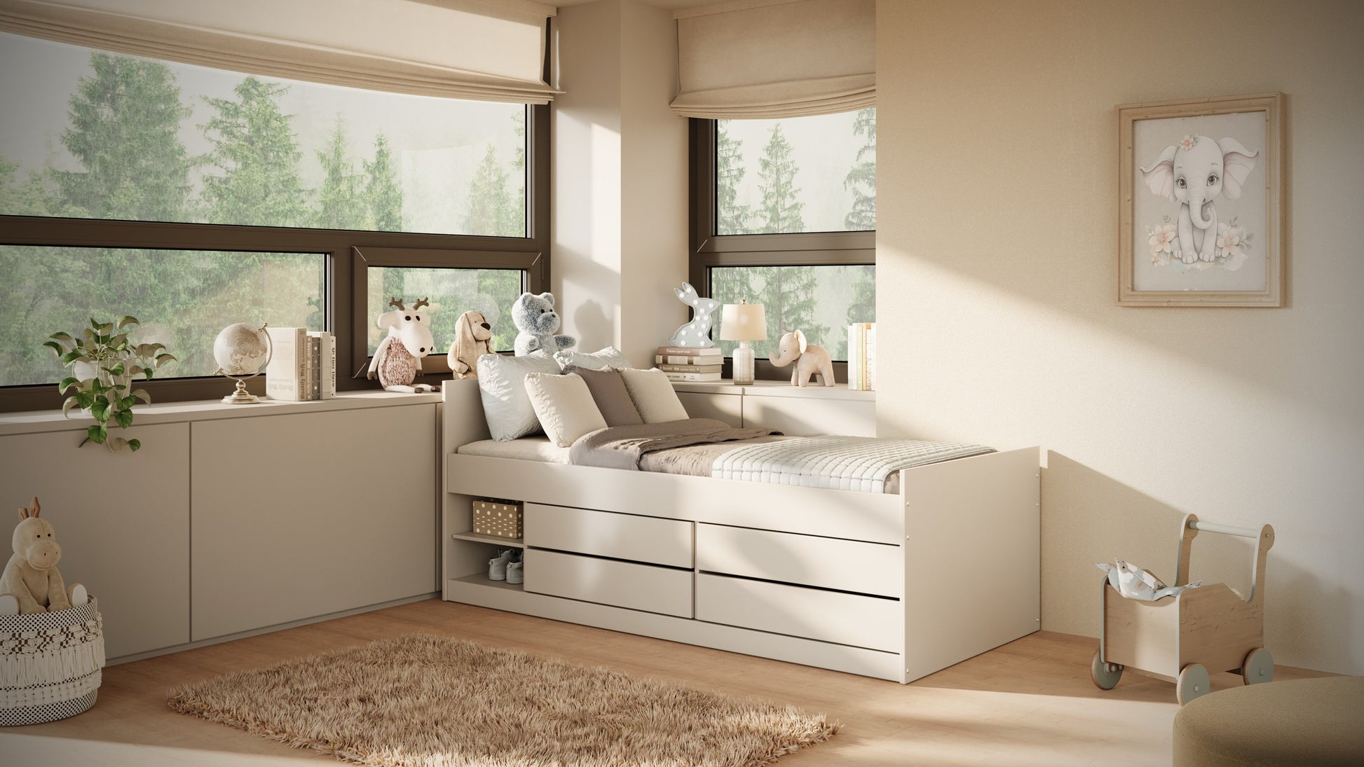 leon kids bed with four spacious drawers open showing smart storage for clothes and toys