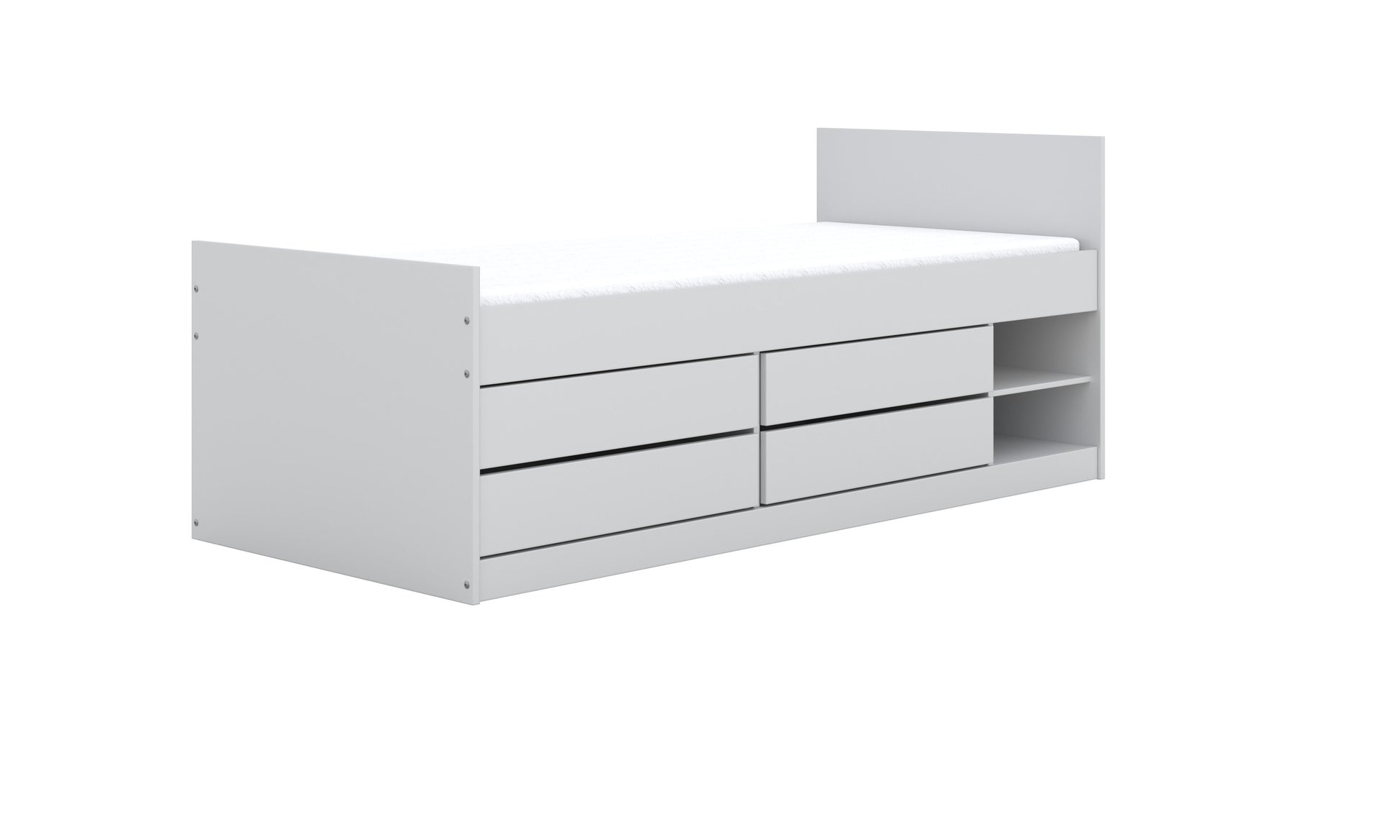 elegant white leon children's bed with four smooth drawers and open shelves for organization