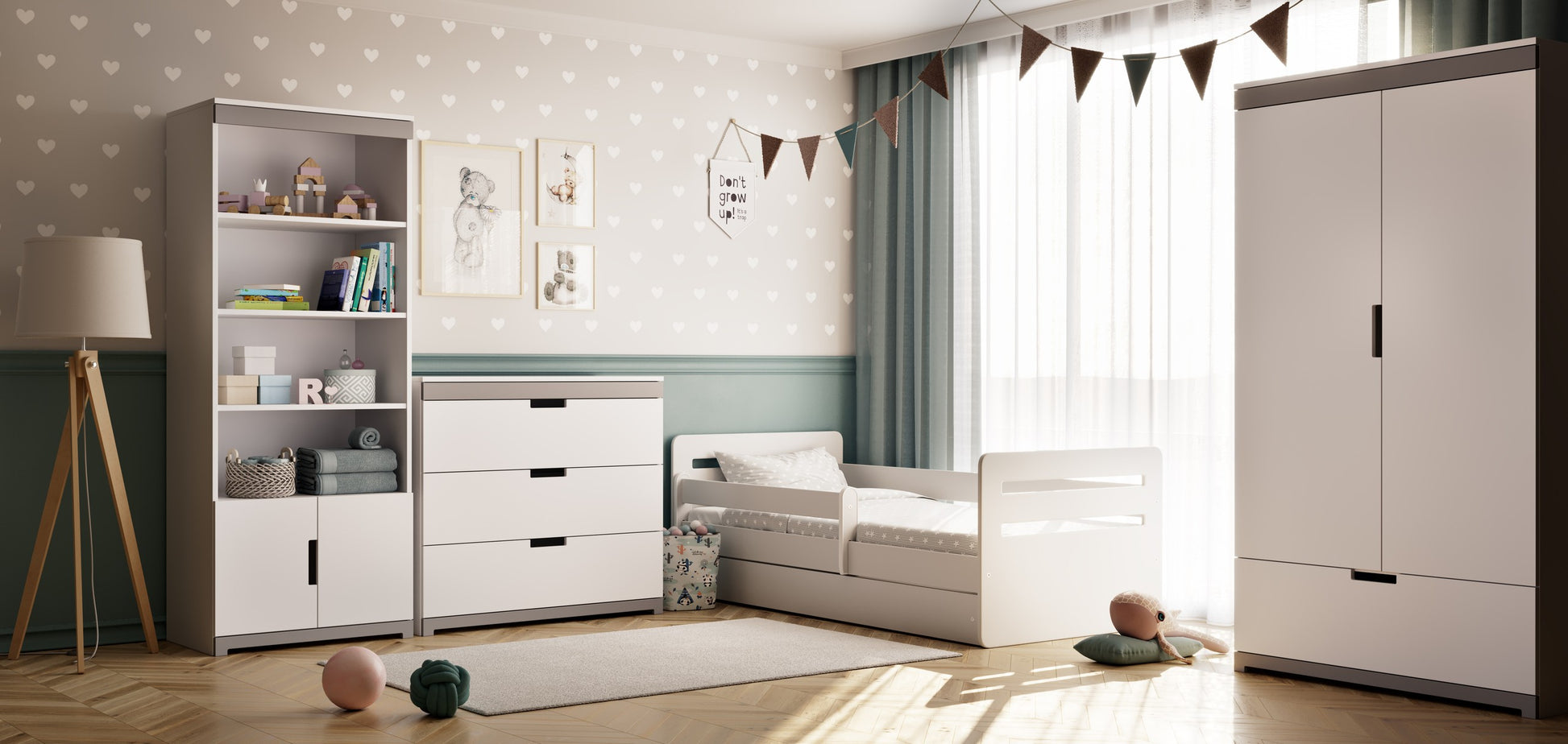 softly lit white tomi kids bed with a cozy, inviting glow in a peaceful nursery