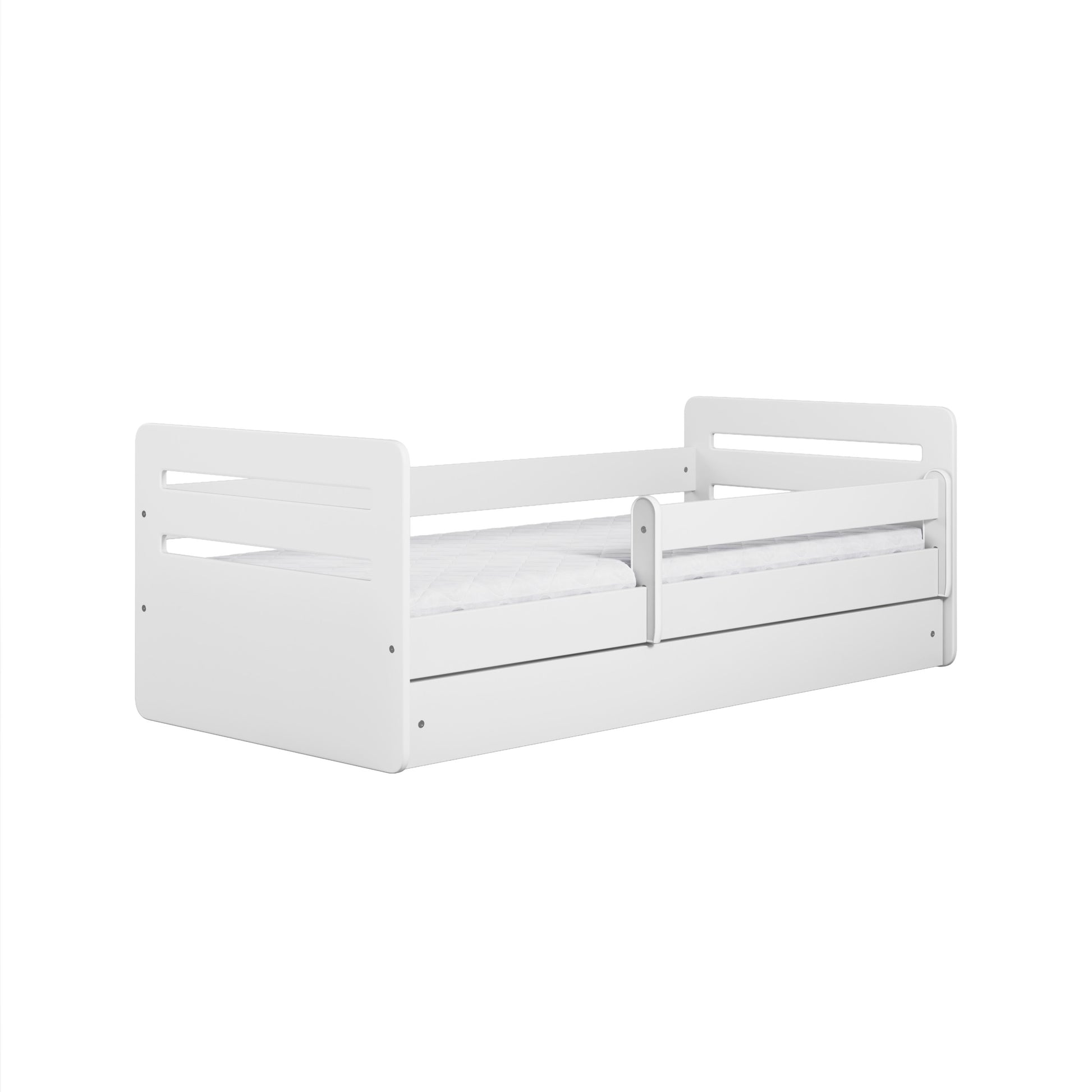 elegant white tomi children's bed with a sleek profile and polished eco-friendly finish
