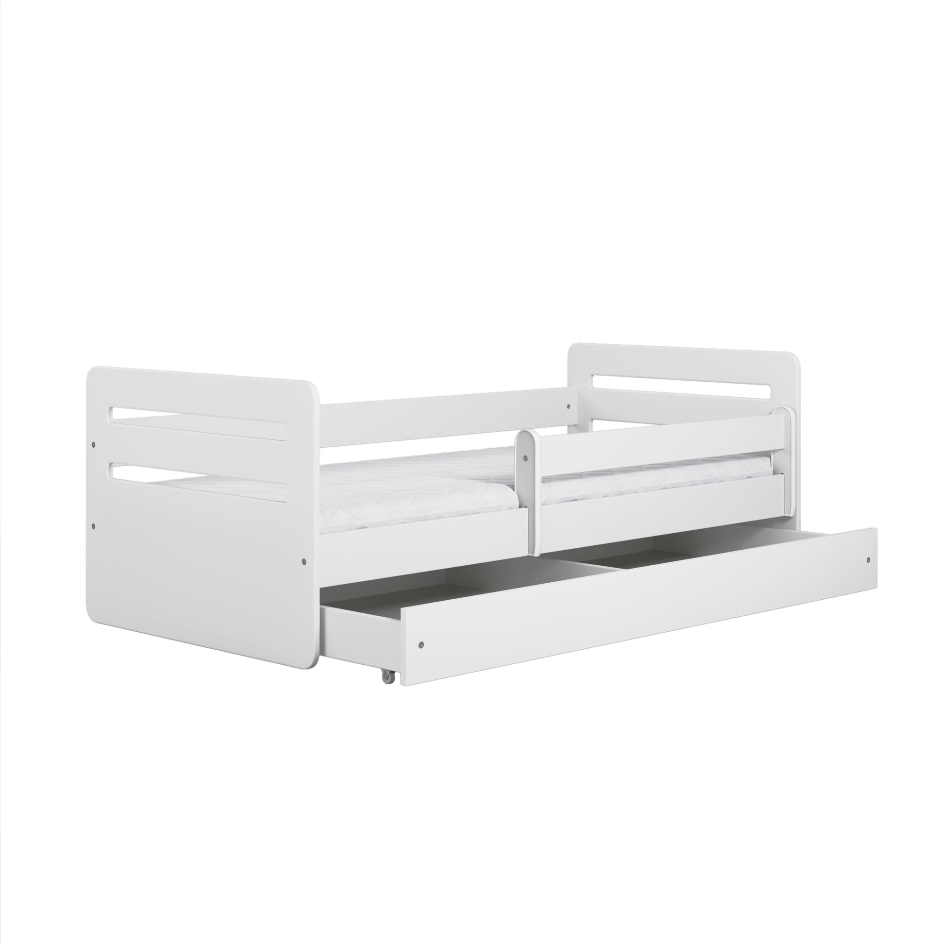 tomi white kids bed with optional storage drawer pulled out for practical organization