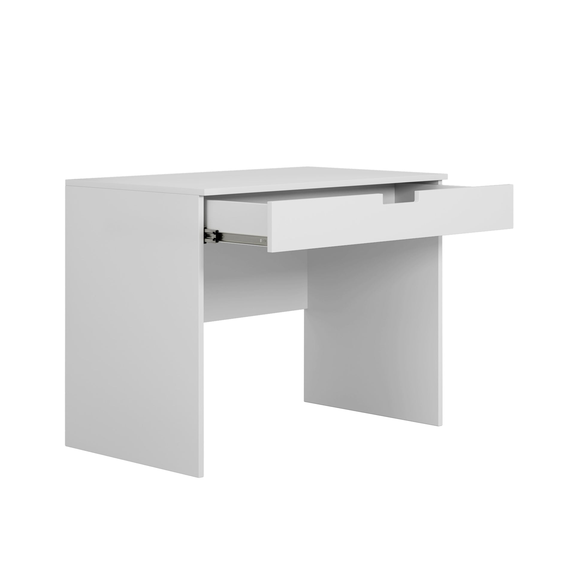 elegant white tomi kids desk with a smooth drawer open, showcasing its refined storage and polished finish