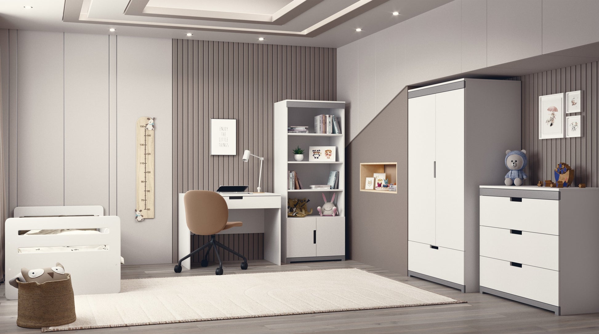 stylish tomi kids wardrobe with soft-close drawer and grey accent, shown in a bright nursery setting