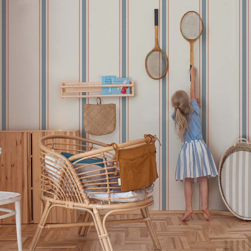 bold linen beige and soft blue striped wallpaper for a confident, chic kids room makeover