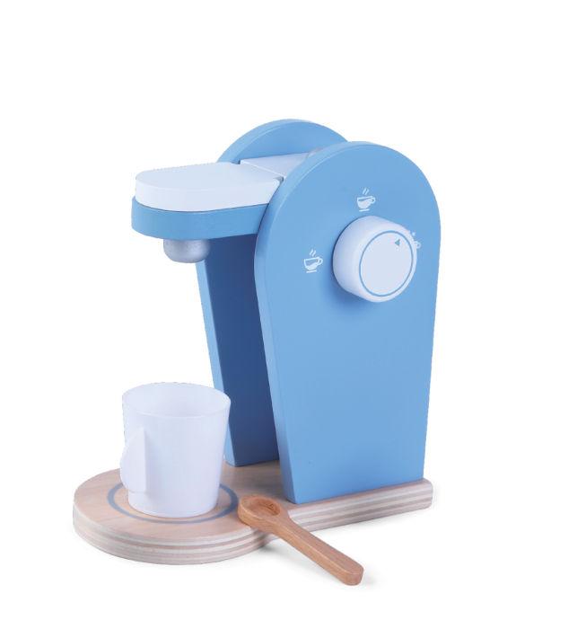soft-lit wooden coffee play set for toddlers with cup and spoon on a cozy table