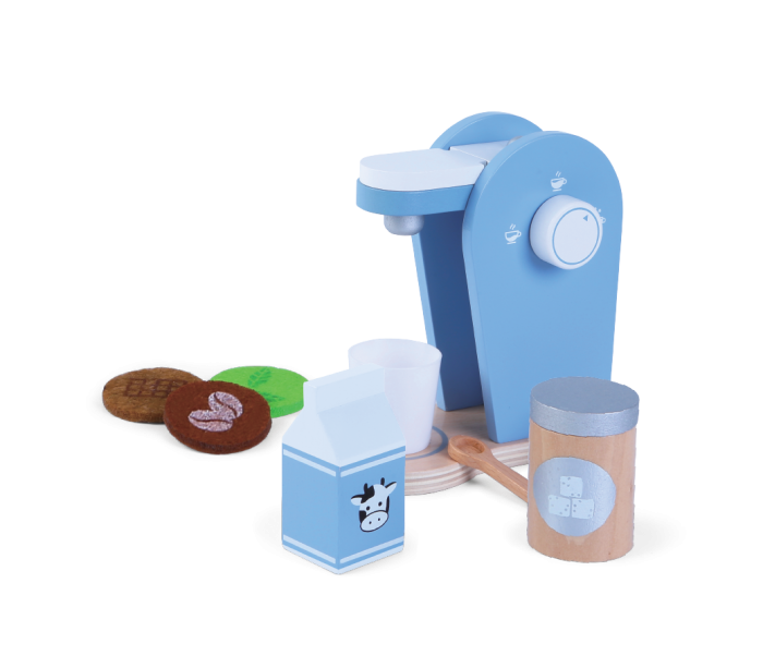 elegant wooden coffee play set for kids arranged on a minimalist background
