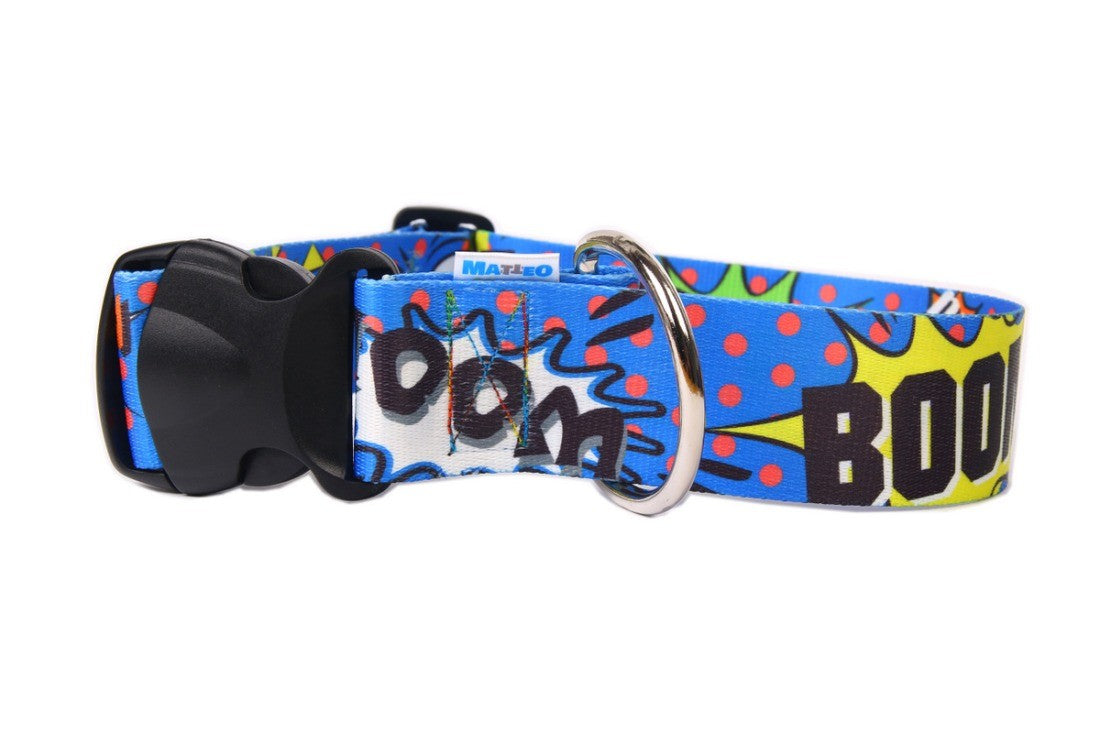 playful blue graffiti dog collar with a plastic buckle, shown in bright fun lighting