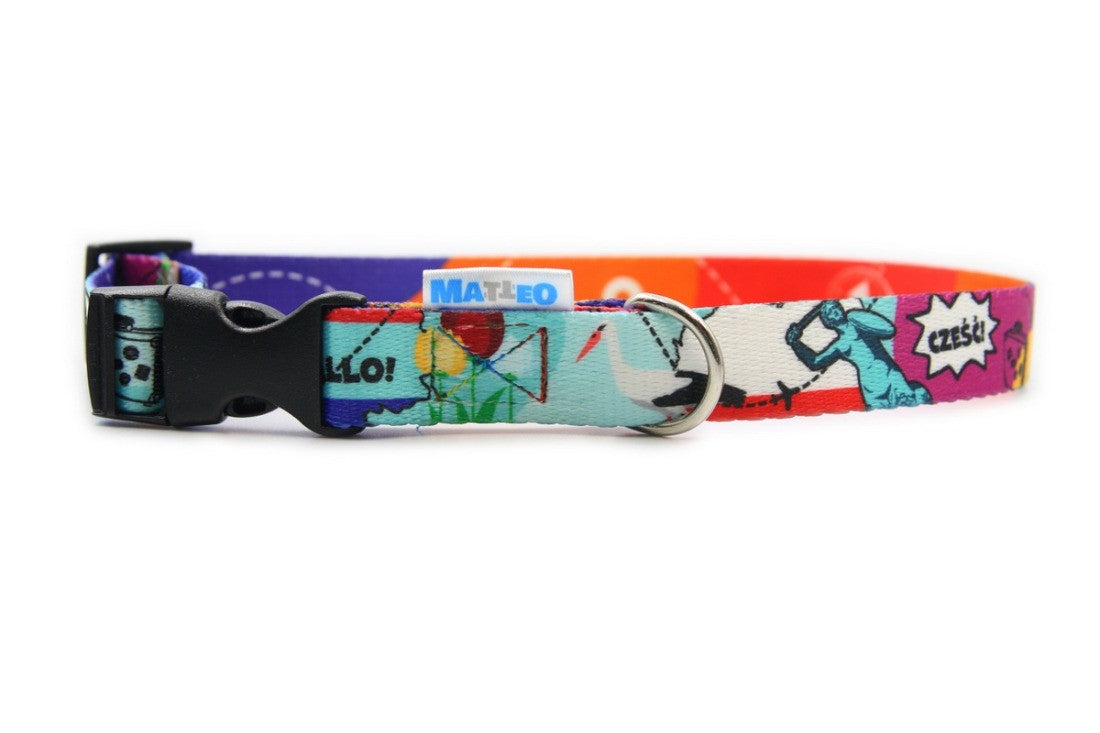 elegant woven dog collar with nickel buckle and travel landmarks pattern on a dark background