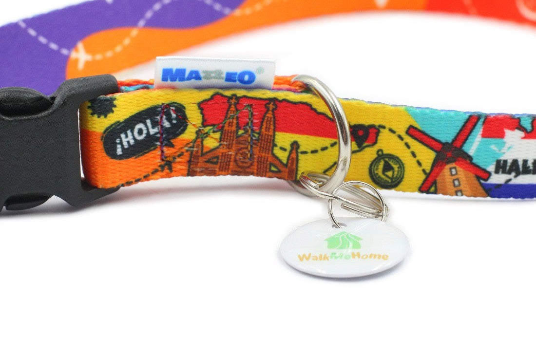 practical close-up of a travel-themed dog collar showing its durable plastic buckle and woven landmarks