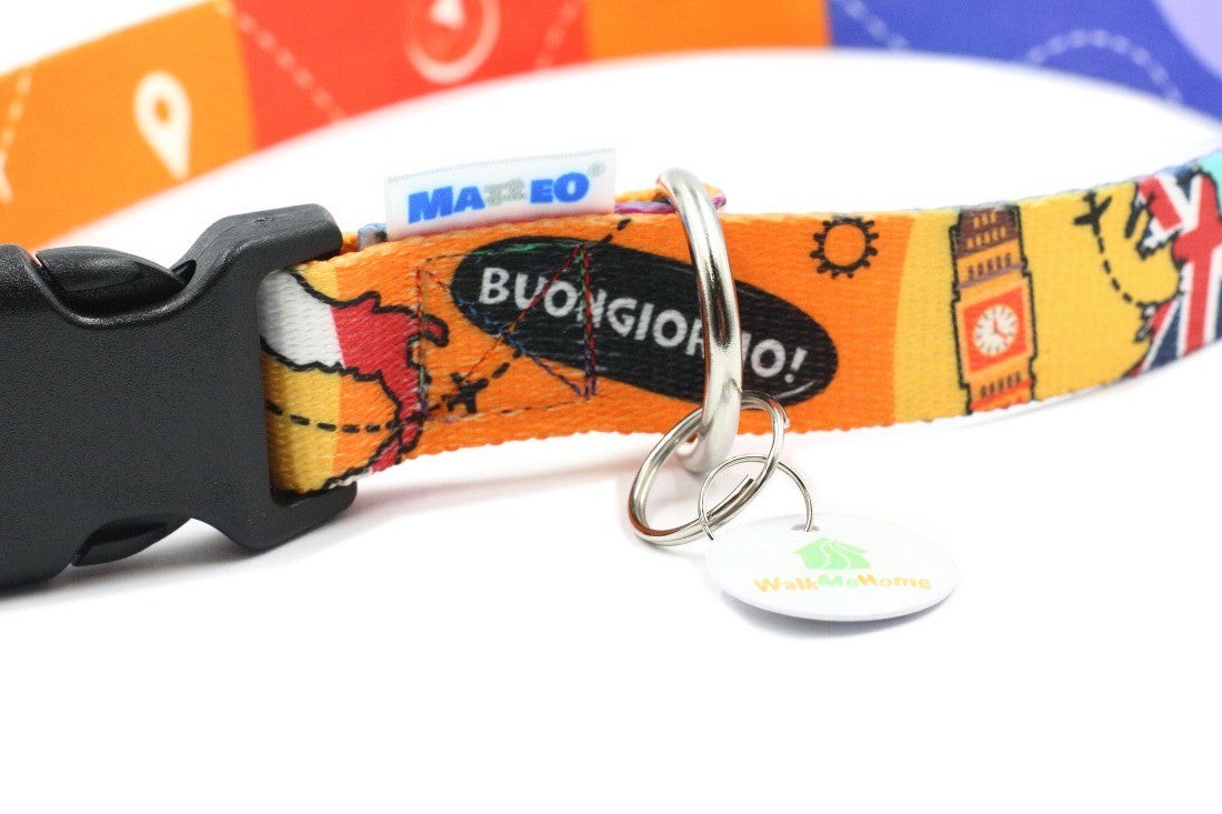 close-up of the durable plastic buckle on a travel-themed dog collar with airplane and landmark pattern