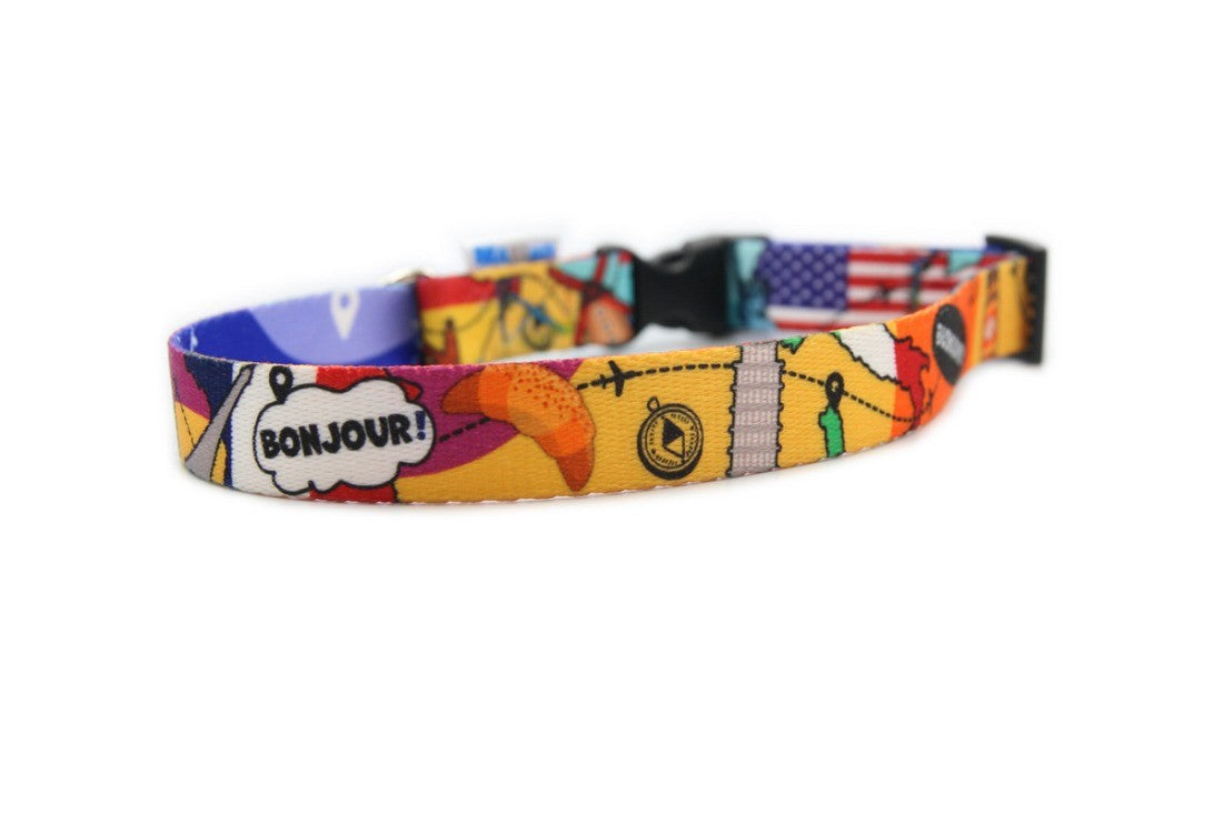 close-up of the durable plastic buckle on a travel-themed dog collar with airplane and landmark print