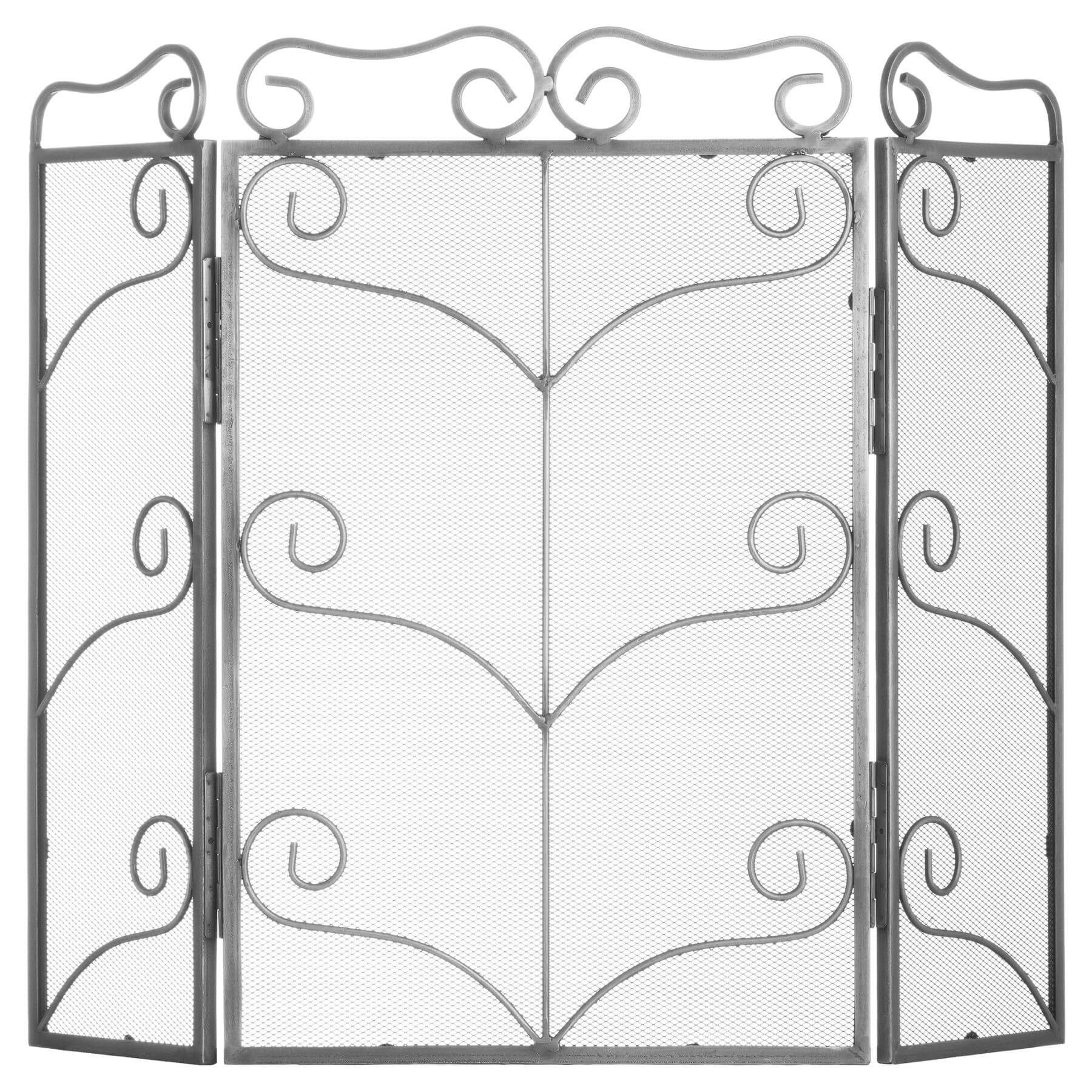 Antique silver fire screen with ornate scrollwork and leaf motifs, three-panel design, 75cm height, premium metal finish. by Sostter at brixbailey.com