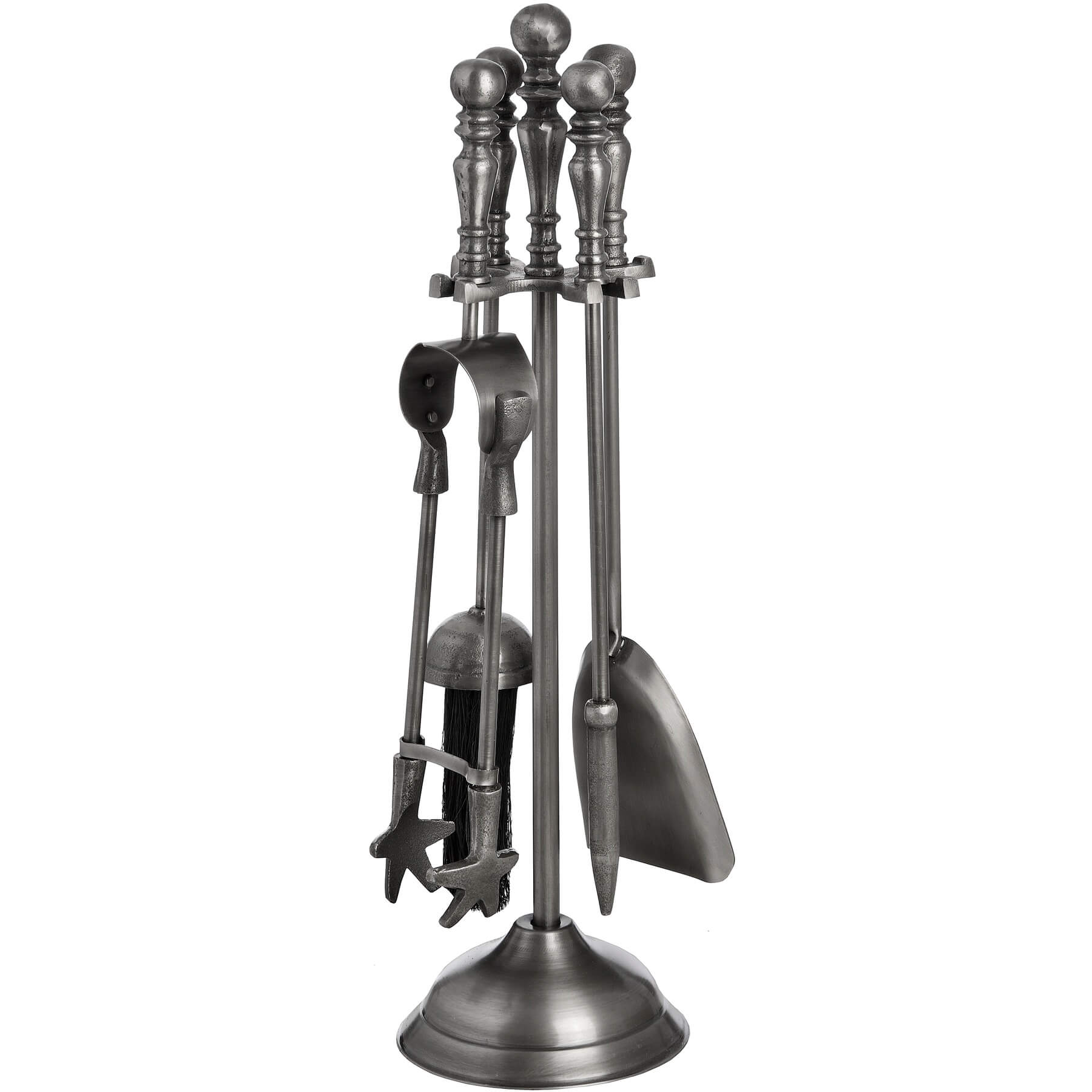 Antique pewter fireplace tool set with stand, including tongs, poker, shovel, and brush - classic hearth accessory. by Sostter at brixbailey.com