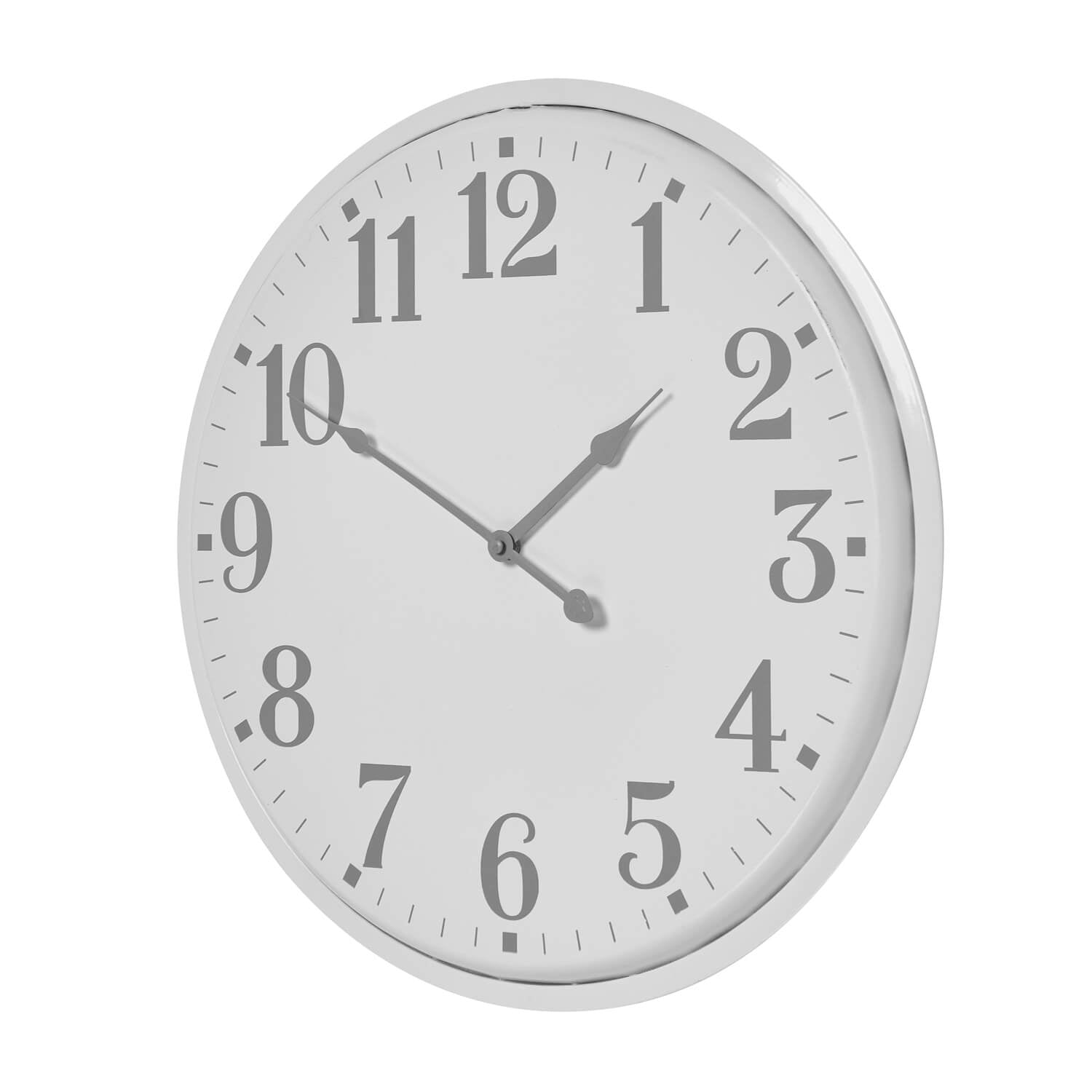 Modern white metal wall clock with clean circular design, perfect for minimalist or industrial decor. by Sostter at brixbailey.com