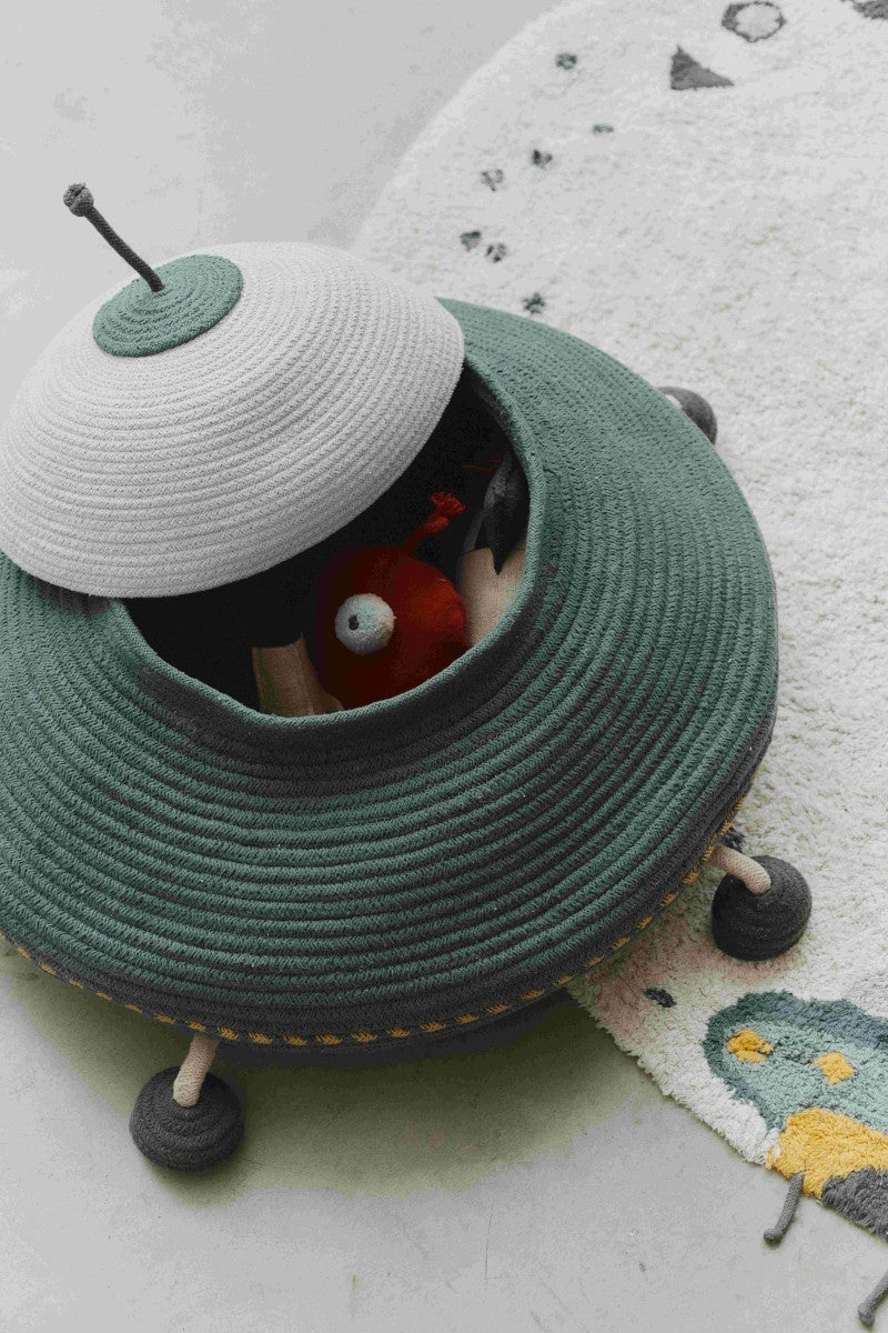 Next stop: Mars! Visit another planet with the UFO Basket and its friendly mini fabric alien! - Unique & Eco-Friendly Toy Storage by Lorena Canals at www.brixbailey.com